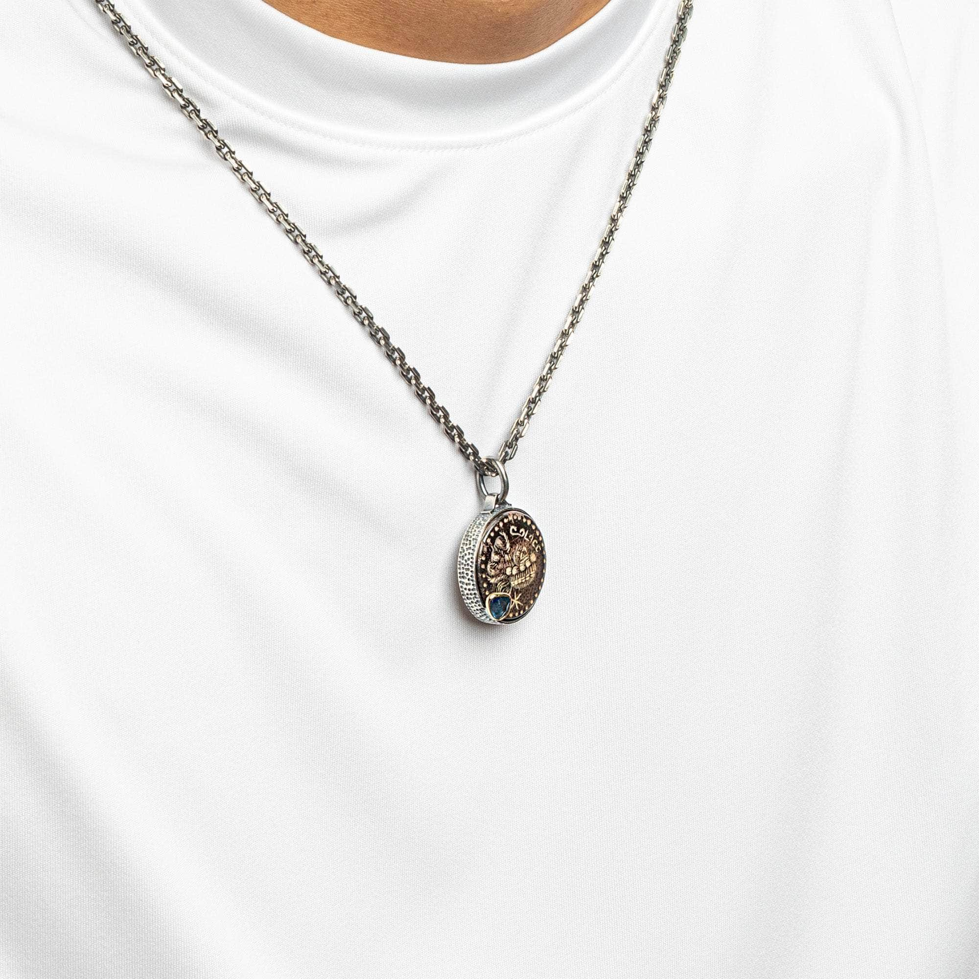 Calice Pendant with Authentic Ancient Near Eastern Agate Seal in 925 Silver & Blue Sapphire in 9K Gold