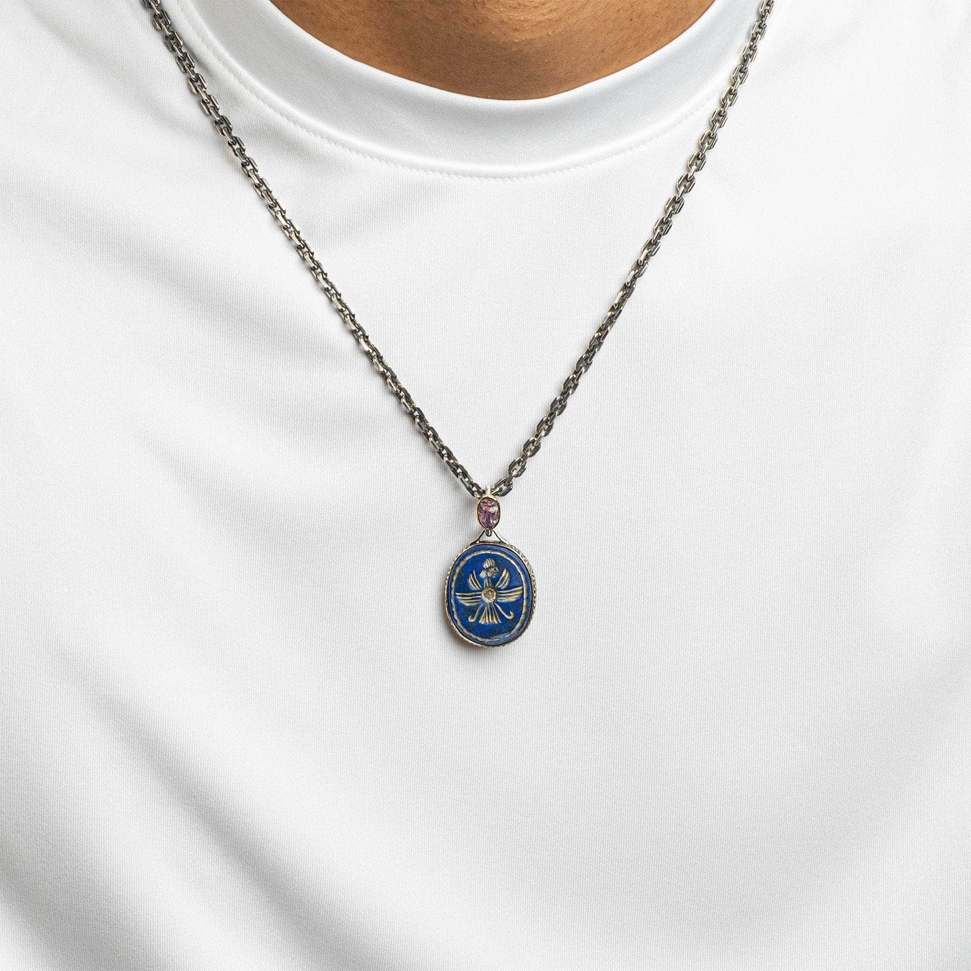 Pteryx Pendant with Ancient Greek Lapis Lazuli Seal in 925 Silver & Rough Pink Sapphire in 9K Gold