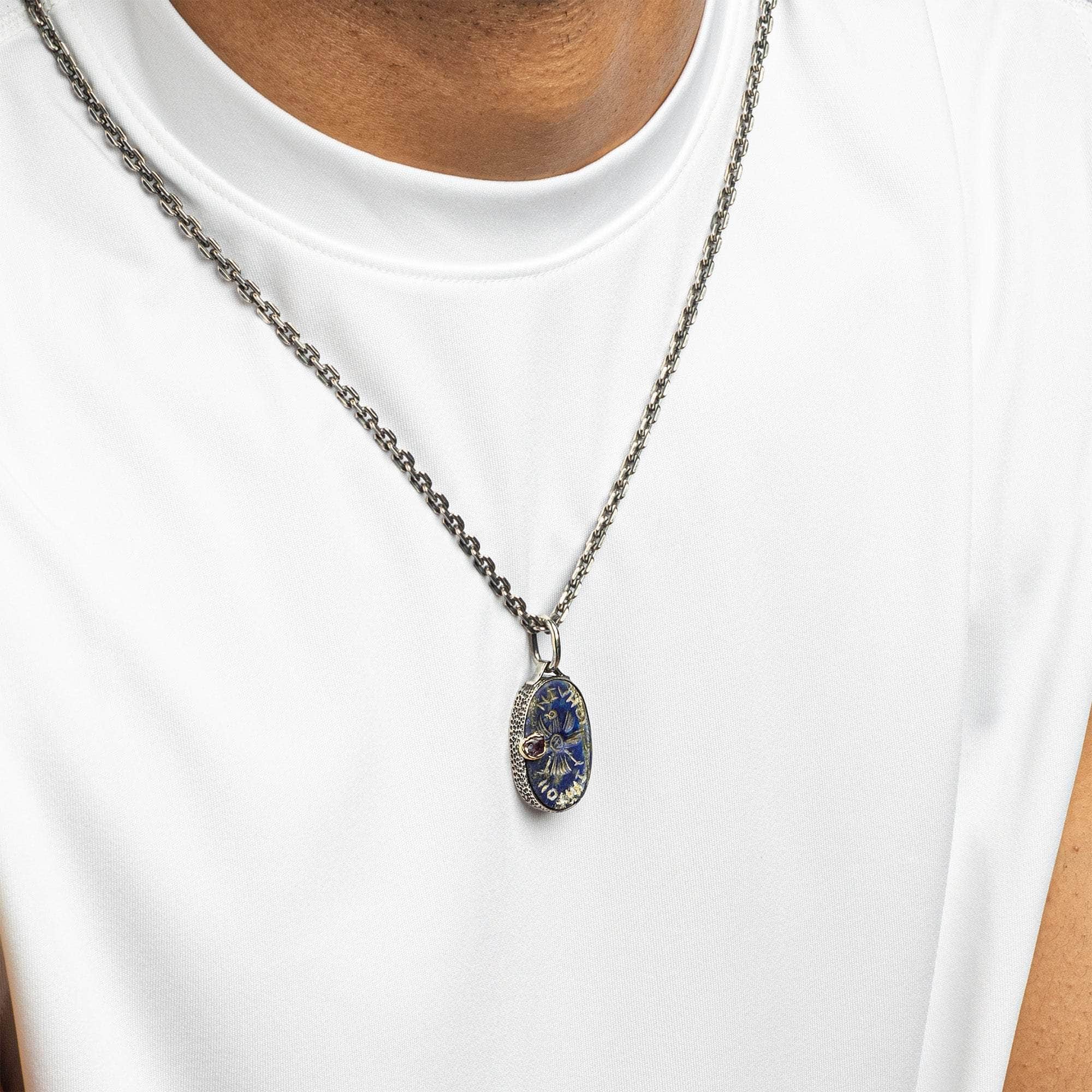 Aniketos Pendant with Authentic Classical Hellenic Lapis Lazuli Seal in 925 Silver & Raw Ruby in 9K Gold