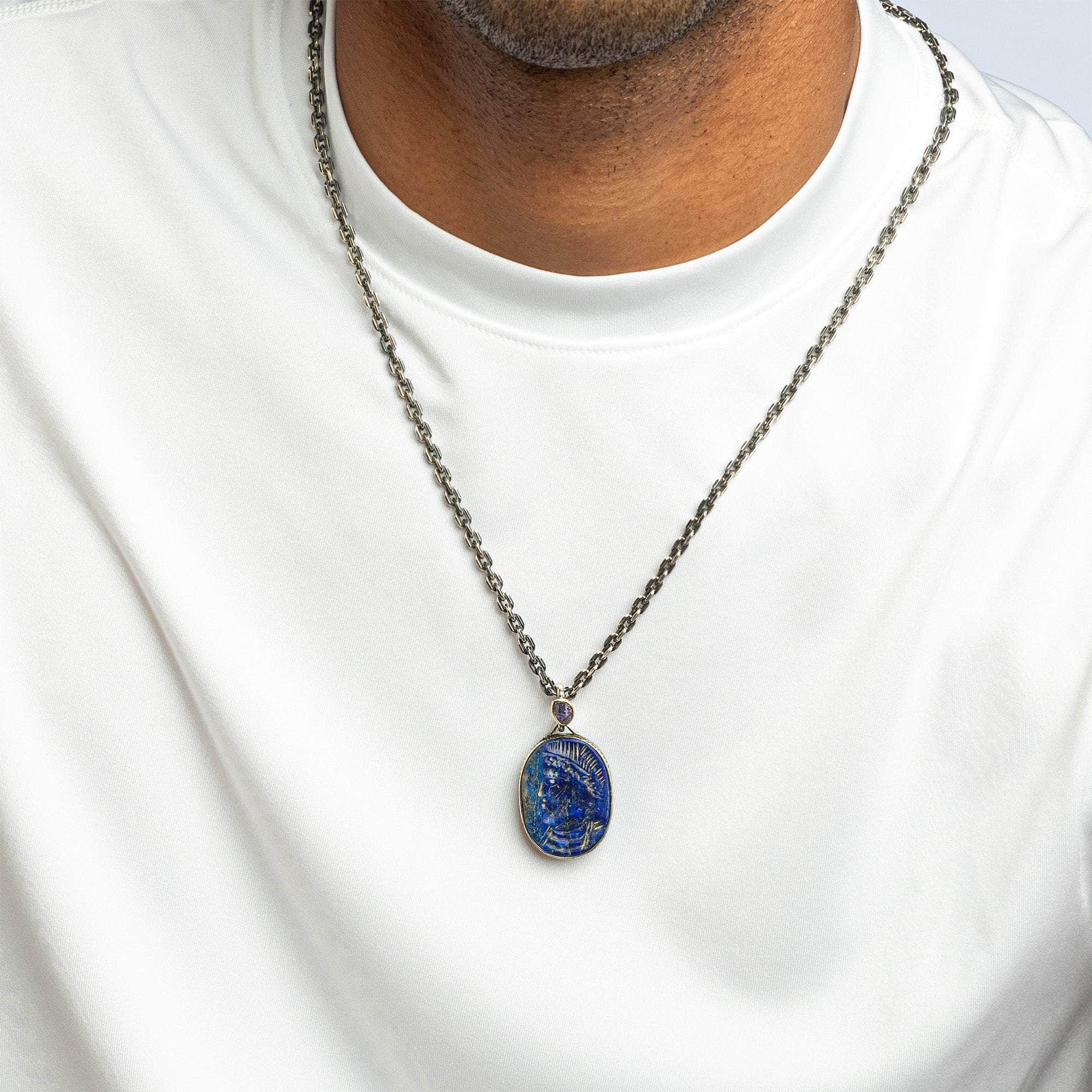 Mithras Pendant with Hellenistic Lapis Lazuli Seal in 925 Silver & Raw Pink Sapphire in 9K Gold