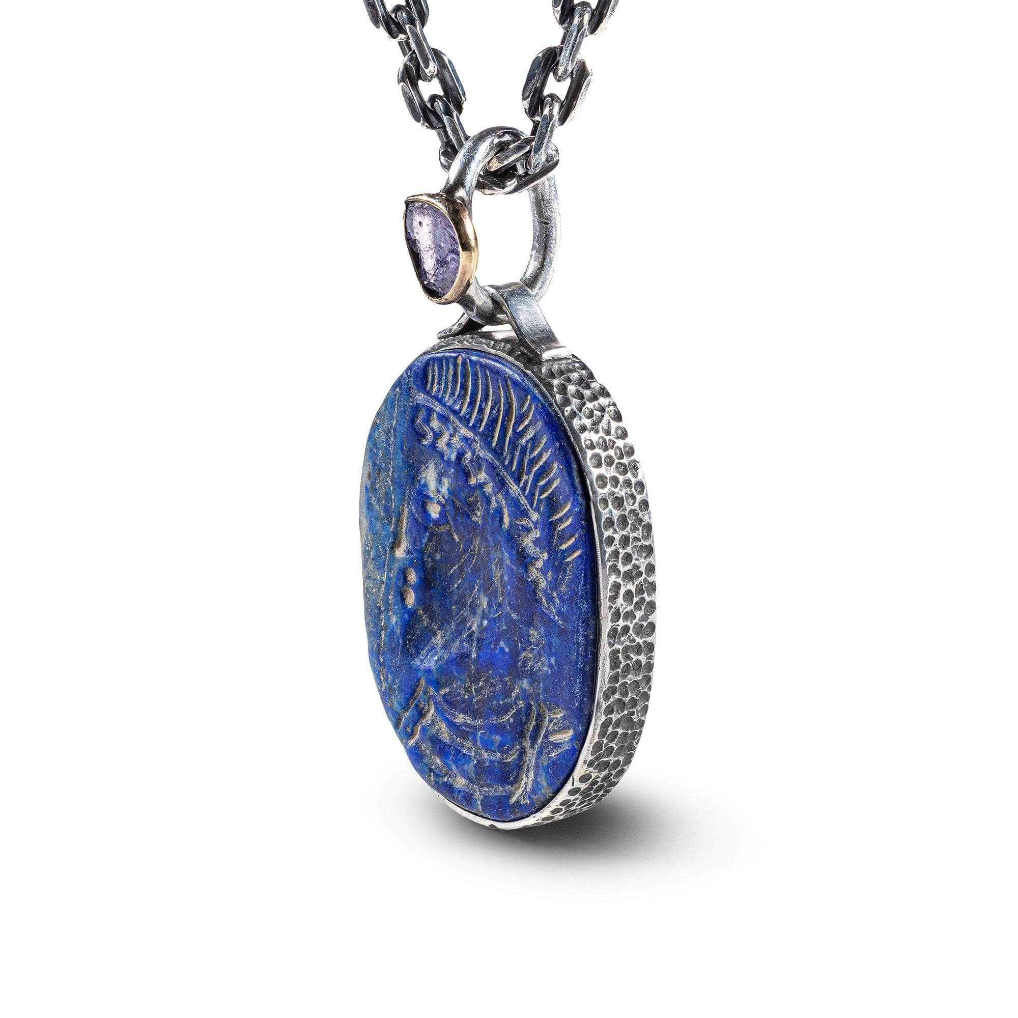 Mithras Pendant with Hellenistic Lapis Lazuli Seal in 925 Silver & Raw Pink Sapphire in 9K Gold