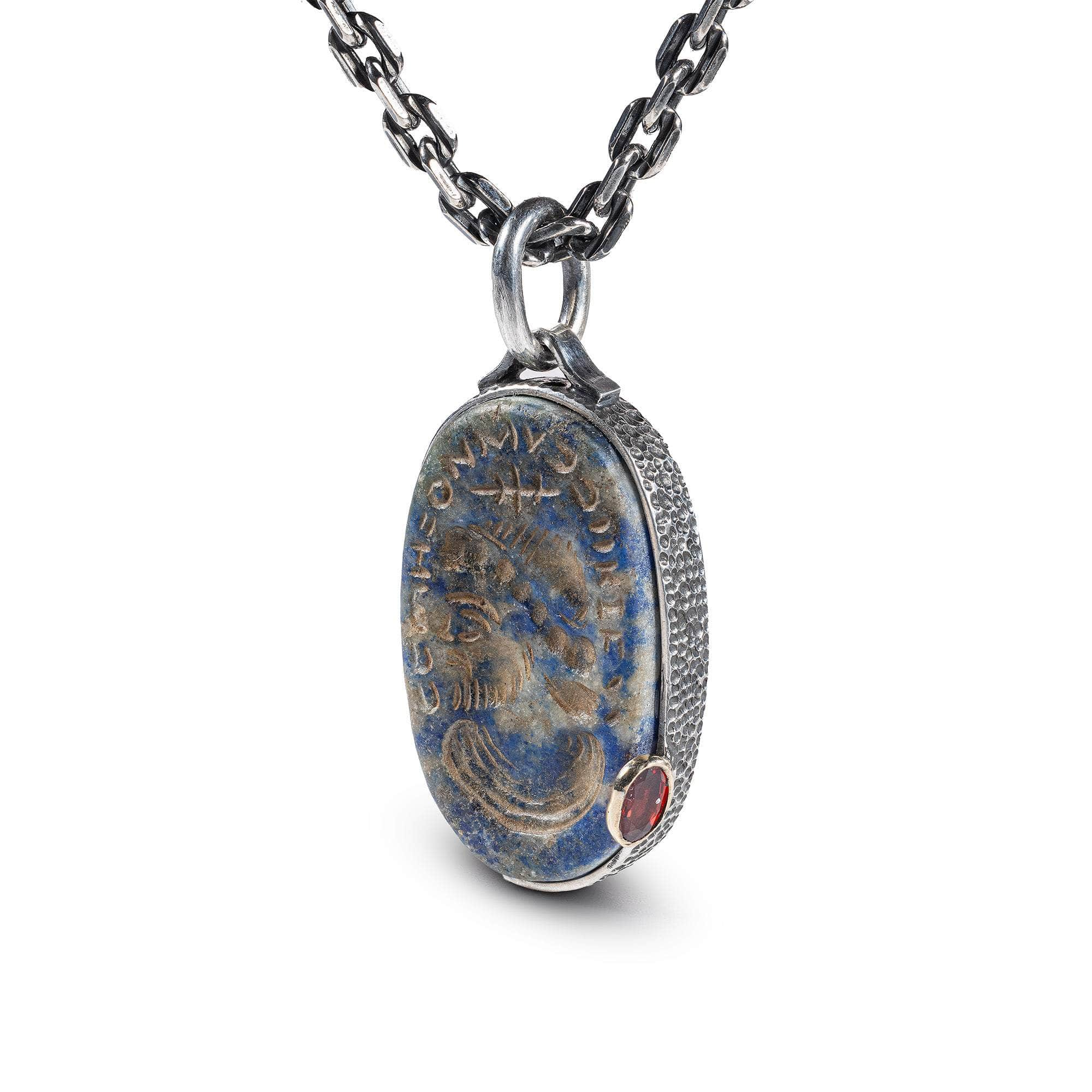 Dareios Pendant with Authentic Hellenistic Lapis Lazuli Seal in 925 Silver & Orange Sapphire in 9K Gold