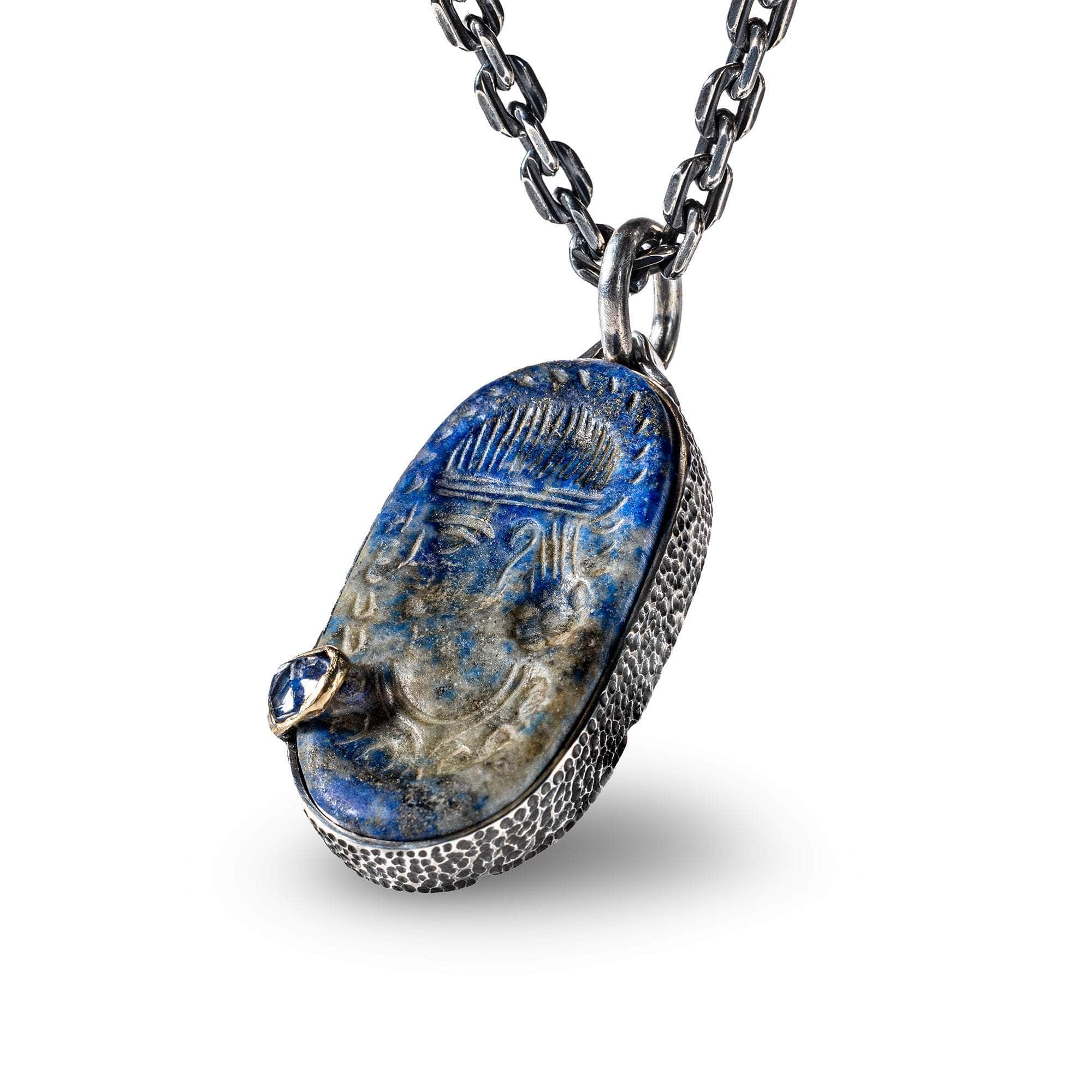 Ormuzd Pendant with Authentic Ancient Near Eastern Lapis Lazuli Seal in 925 Silver & Raw Blue Sapphire in 9K Gold