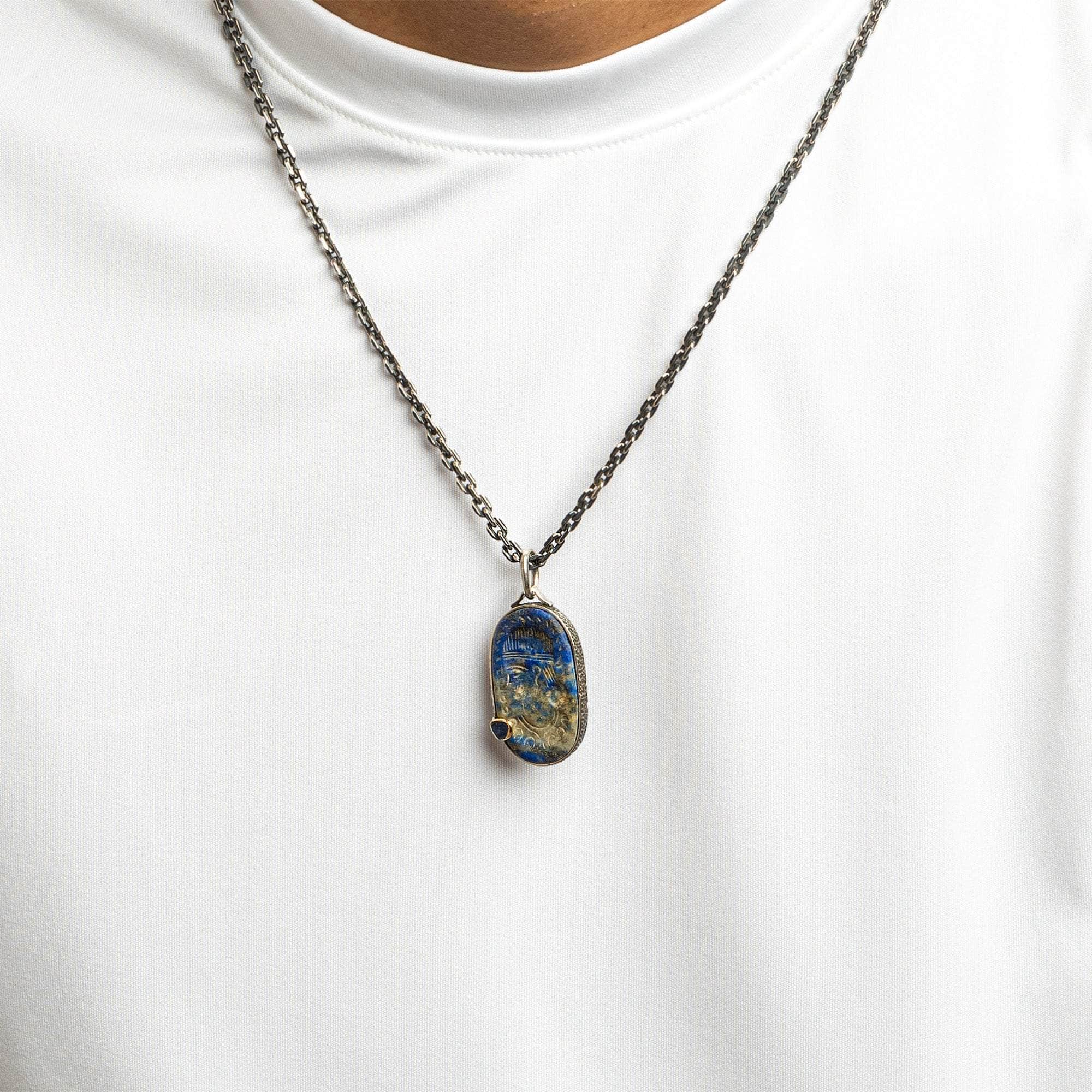 Ormuzd Pendant with Authentic Ancient Near Eastern Lapis Lazuli Seal in 925 Silver & Raw Blue Sapphire in 9K Gold