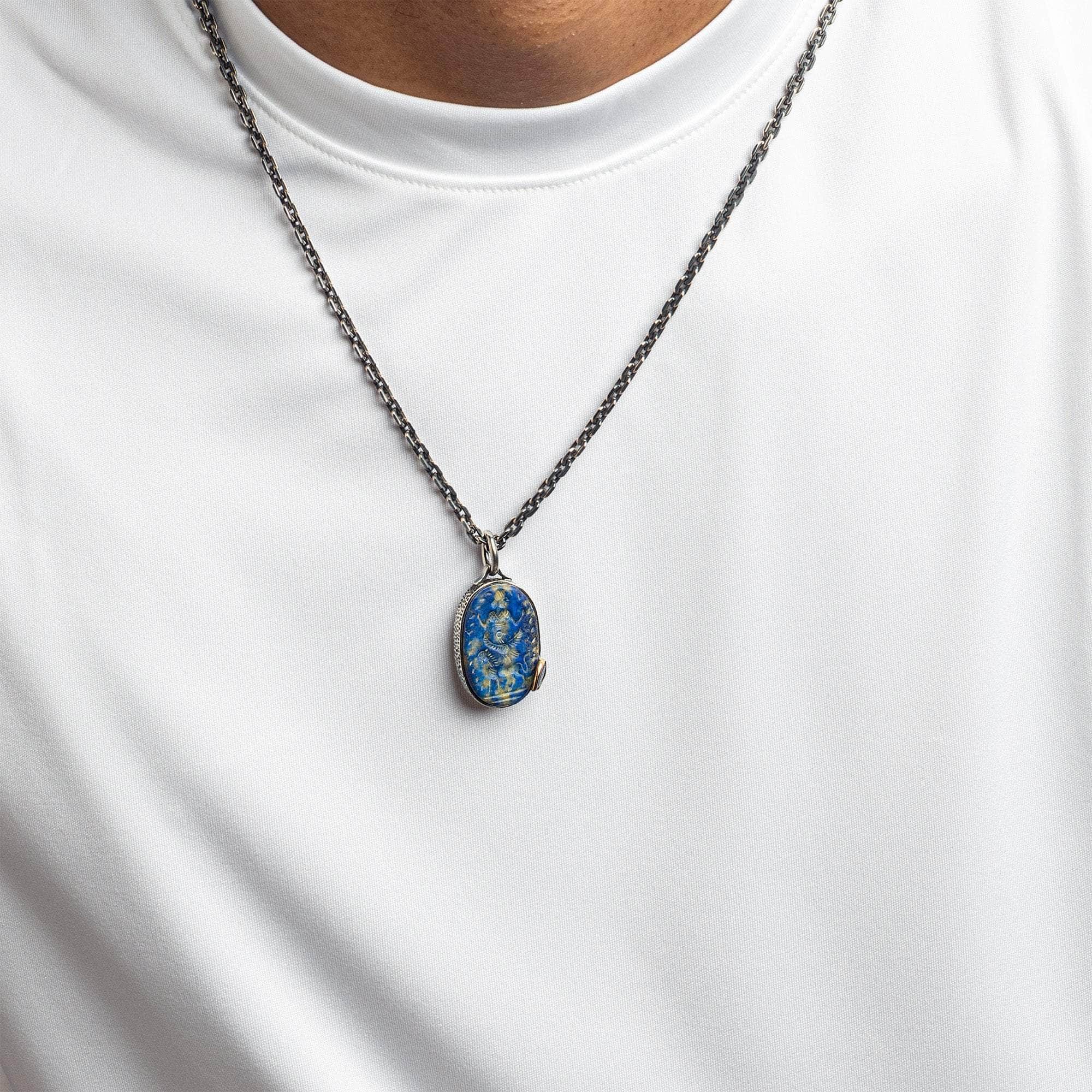 Niketes Pendant with Authentic Hellenistic Lapis Lazuli Seal in 925 Silver & Blue Sapphire in 9K Gold