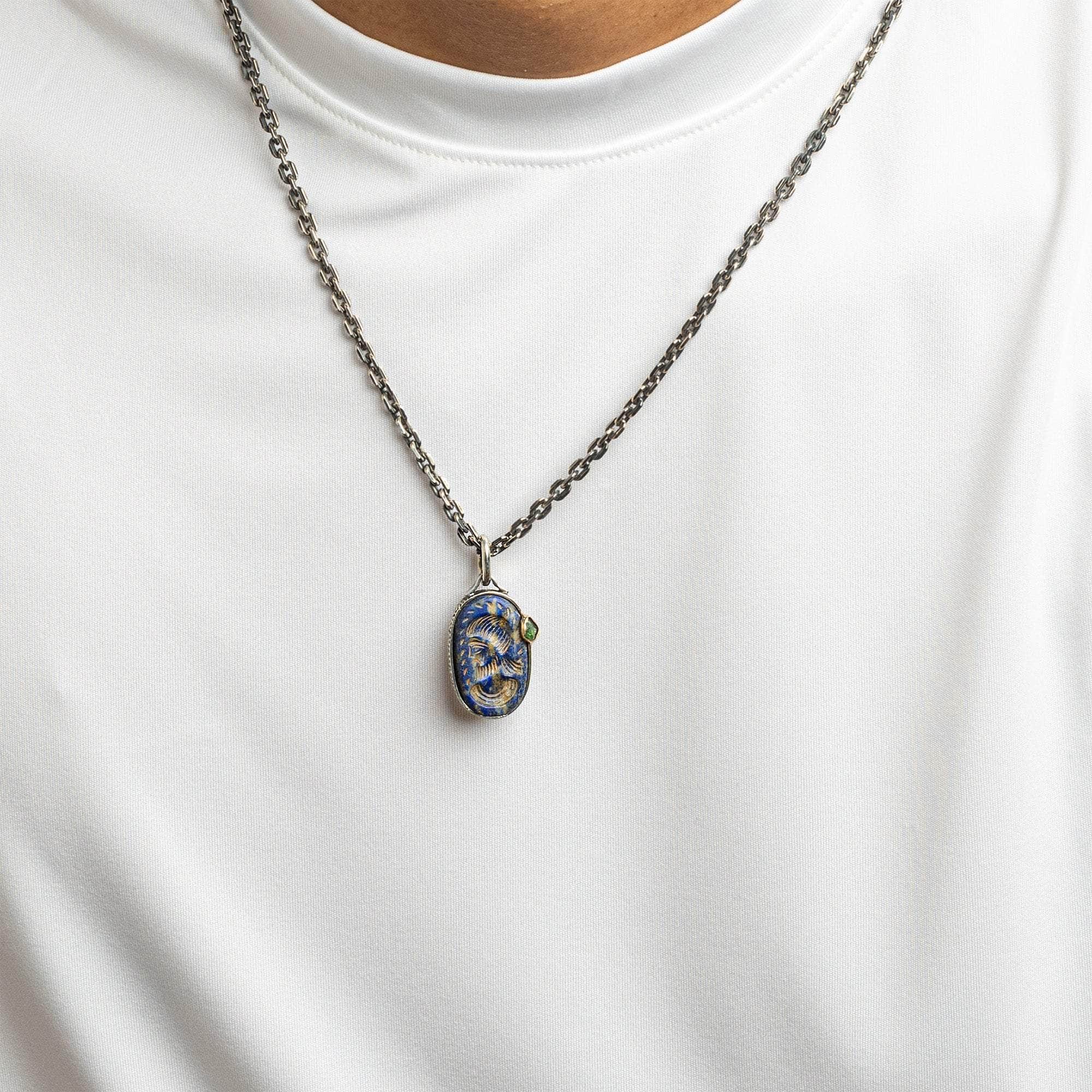 Sapurios Pendant with Authentic Ancient Lapis Lazuli Seal in 925 Silver & Raw Tsavorite in 9K Gold