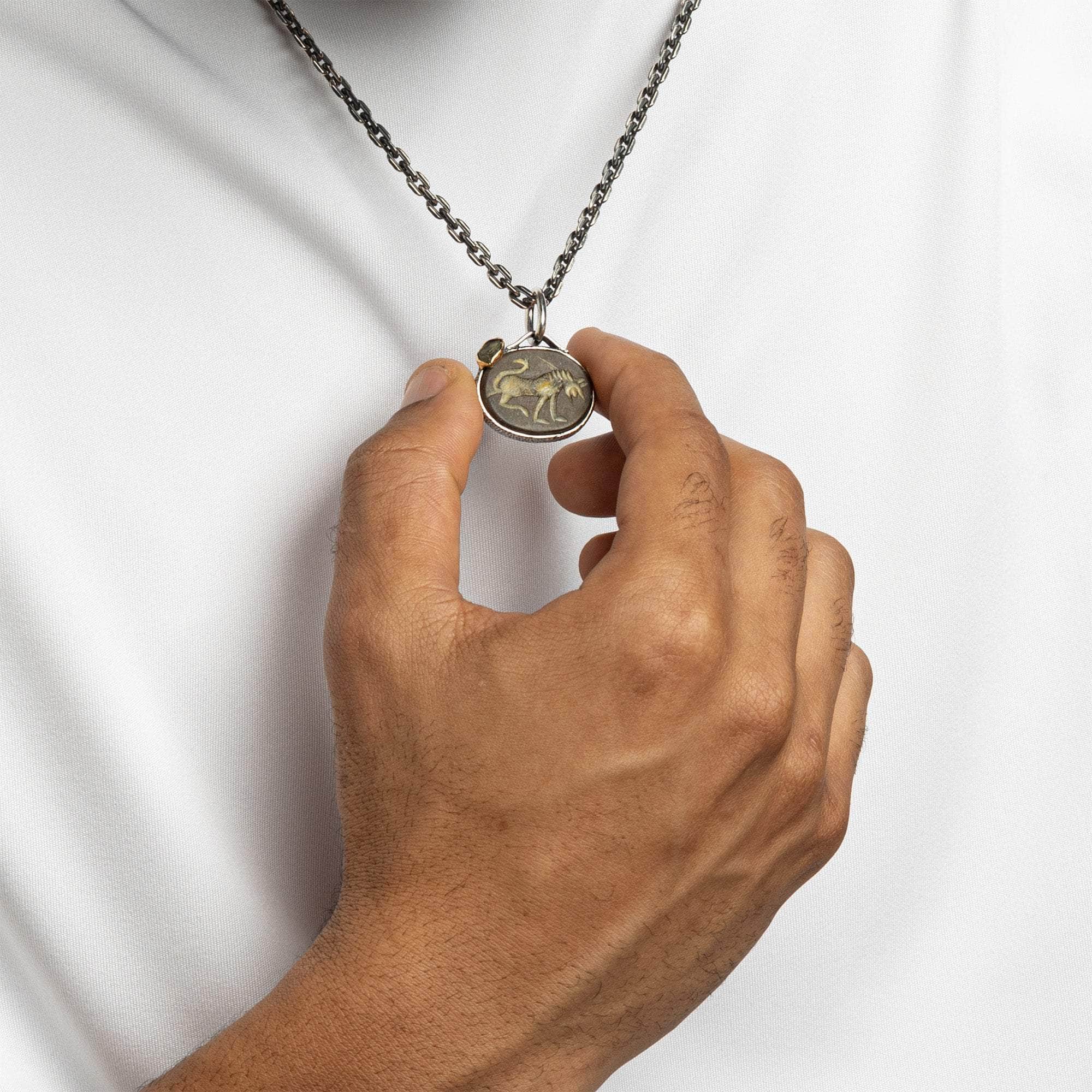 Mushussu Pendant with Mesopotamian Agate Seal in 925 Silver & Raw Yellow Sapphire in 9K Gold