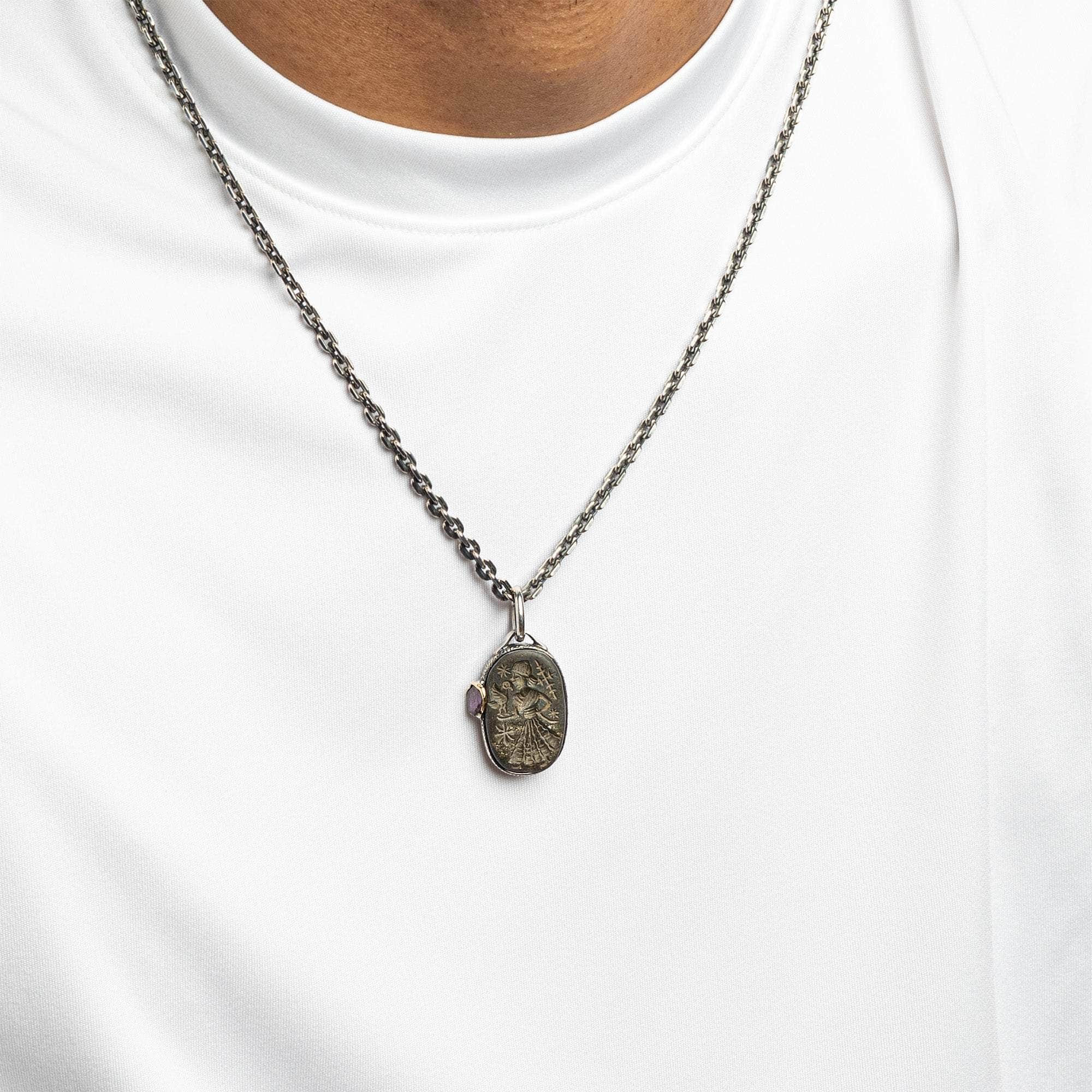 Tiresias Pendant with Authentic Mesopotamian Agate Seal in 925 Silver & Raw Ruby in 9K Gold