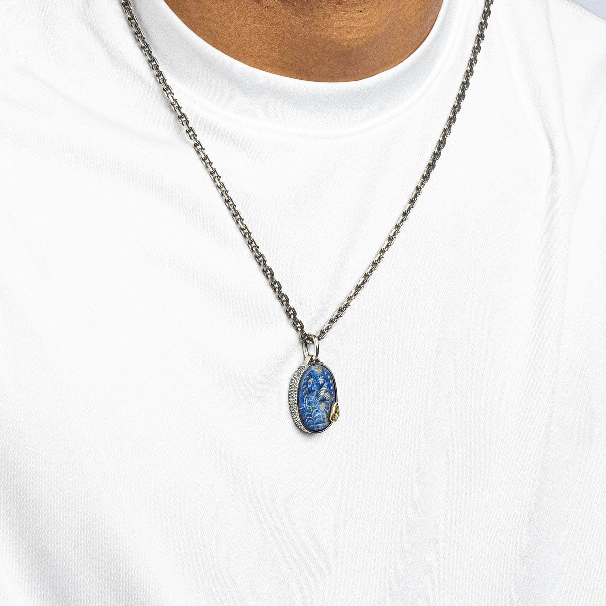 Astrippos Pendant with Authentic Hellenistic Lapis Lazuli Seal in 925 Silver & Raw Green Sapphire in 9K Gold