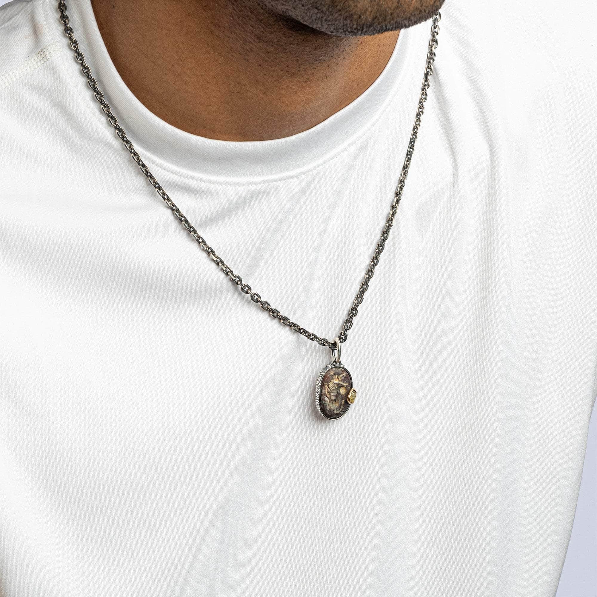 Pazuzu Pendant with Authentic Mesopotamian Agate Seal in 925 Silver & Raw Yellow Sapphire in 9K Gold