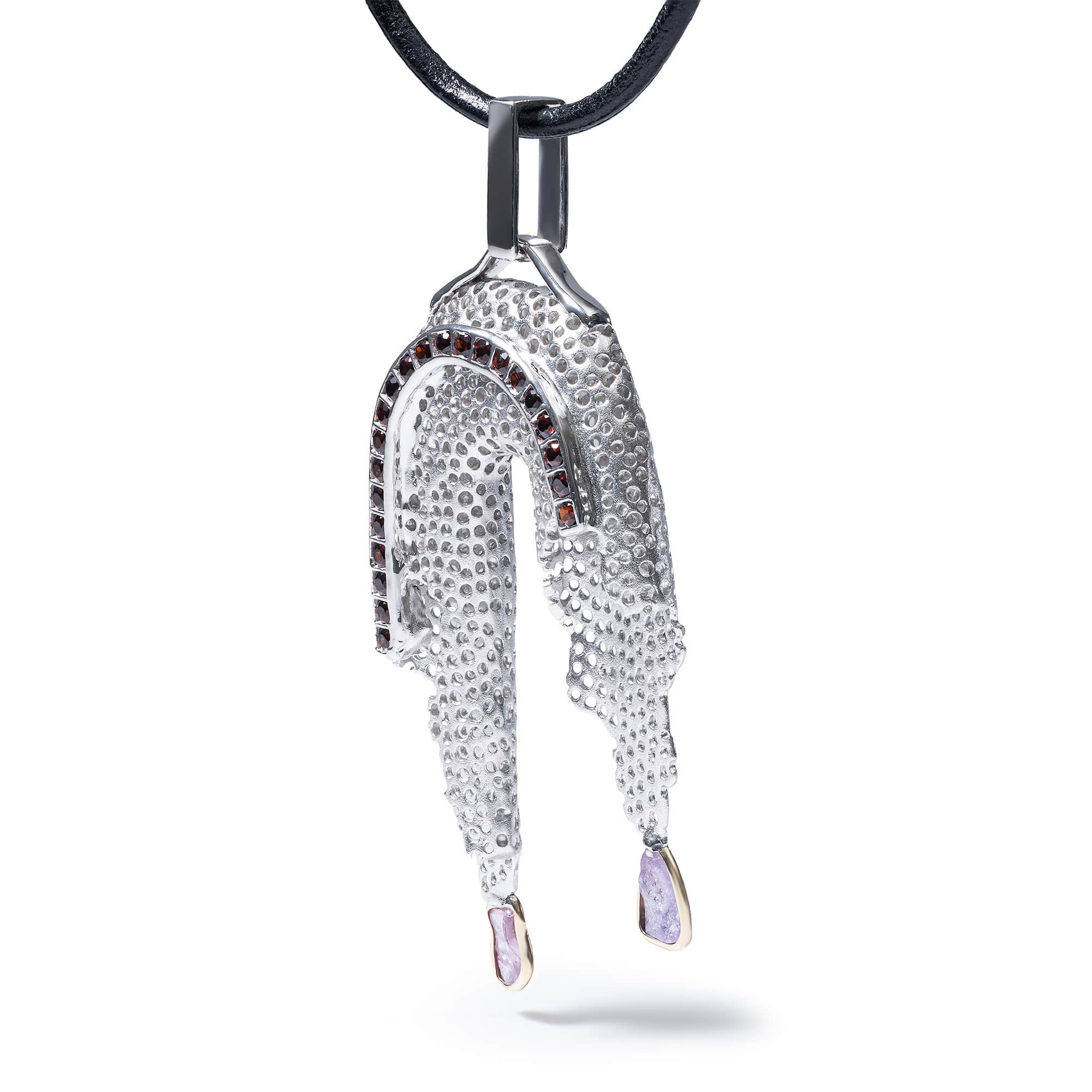 Nuada Singular Edition Pendant in Silver & 9K Gold with Raw Pink Sapphires & Garnet