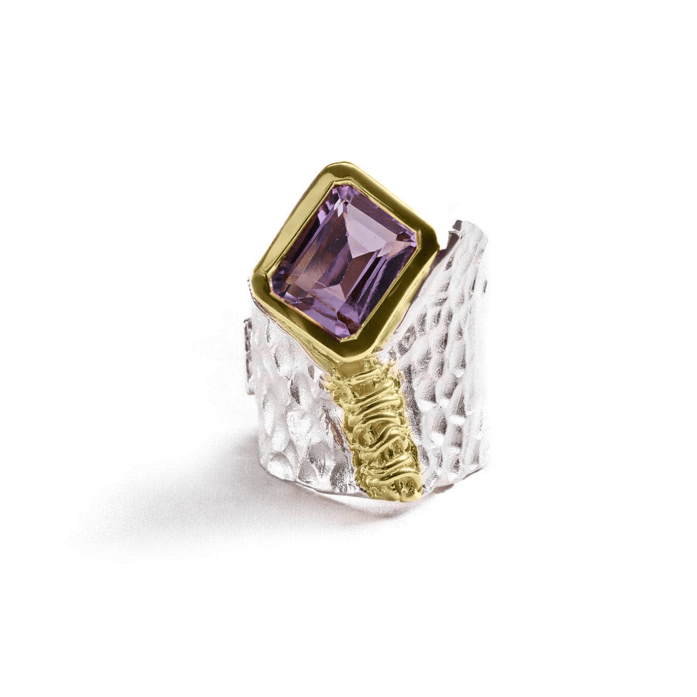 Everna Iconic Natural Amethyst 925 Silver Ring in White Rhodium & 18K Gold