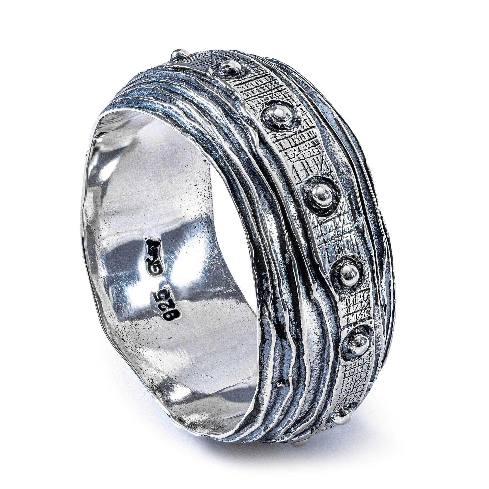 Flumen Unisex Oxidized Silver Thin Ring with Layered Texture and Rivet Details