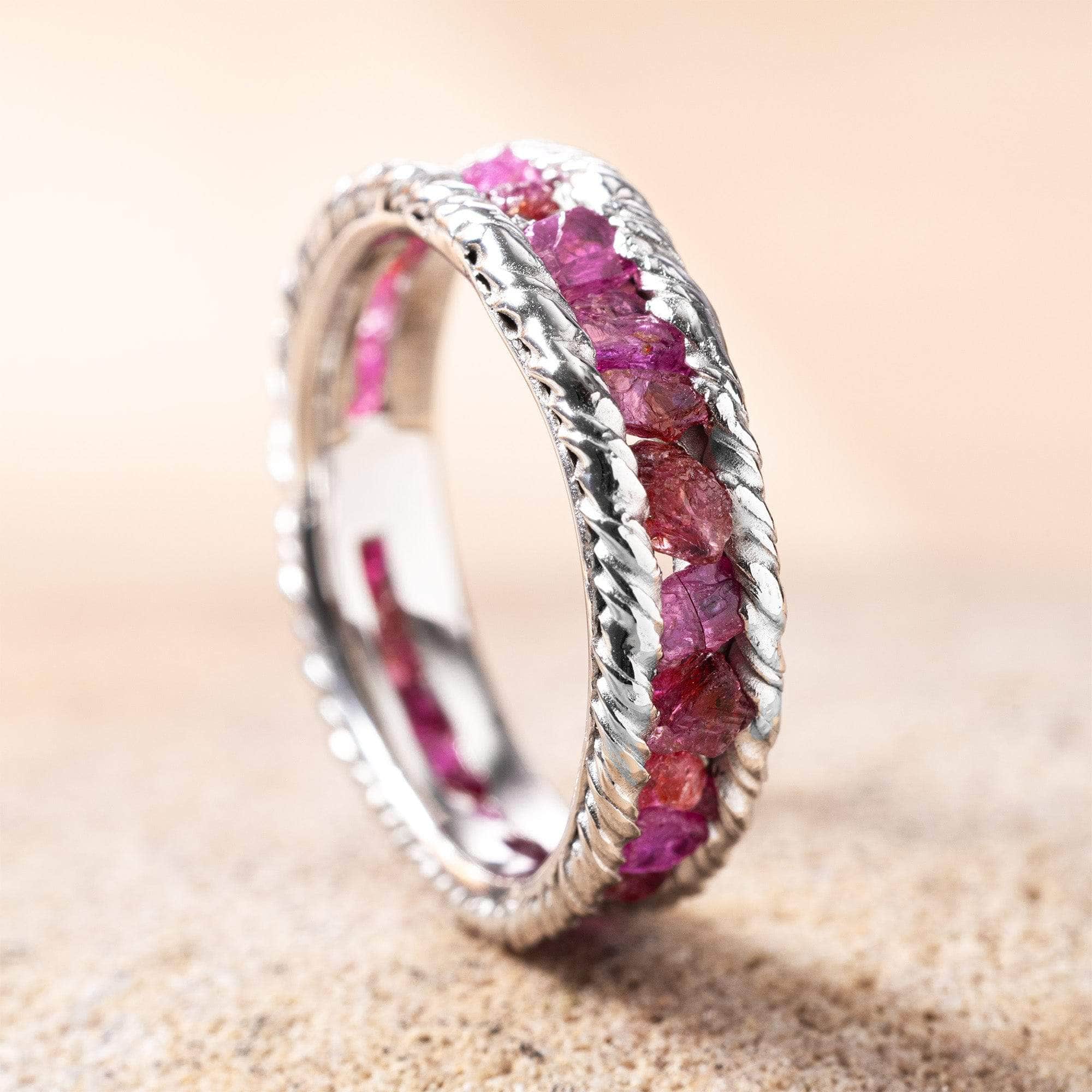 Gaiete 925 Silver Ring Plated with White Rhodium & Set with Raw Ruby
