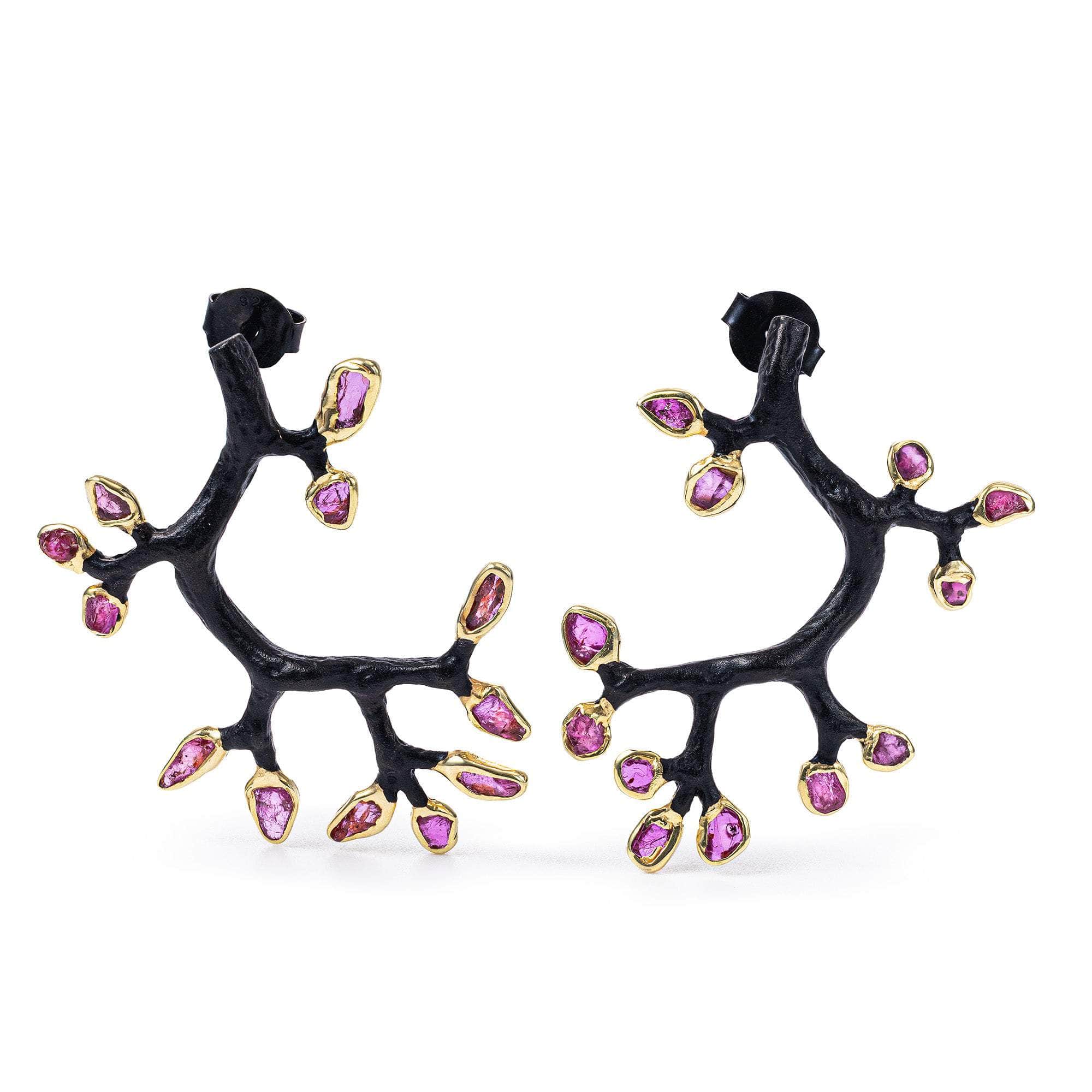 Vita 925 Silver Symmetric Earrings with Natural Raw Ruby Branch Design