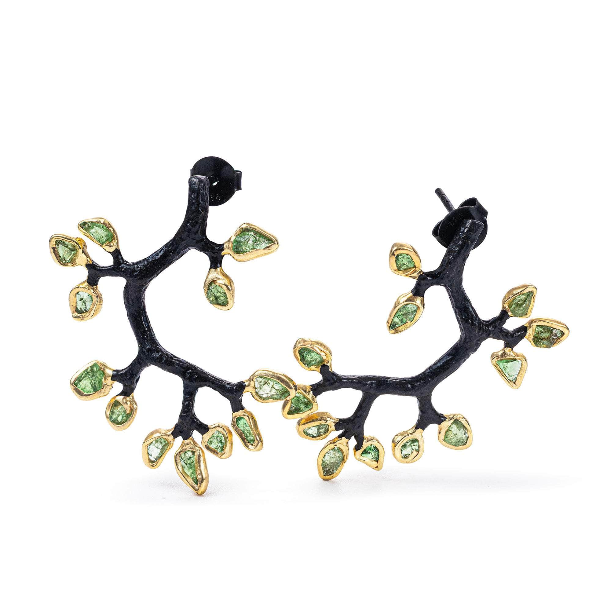Vita 925 Silver Symmetric Earrings with Raw Tsavorite Branch Design