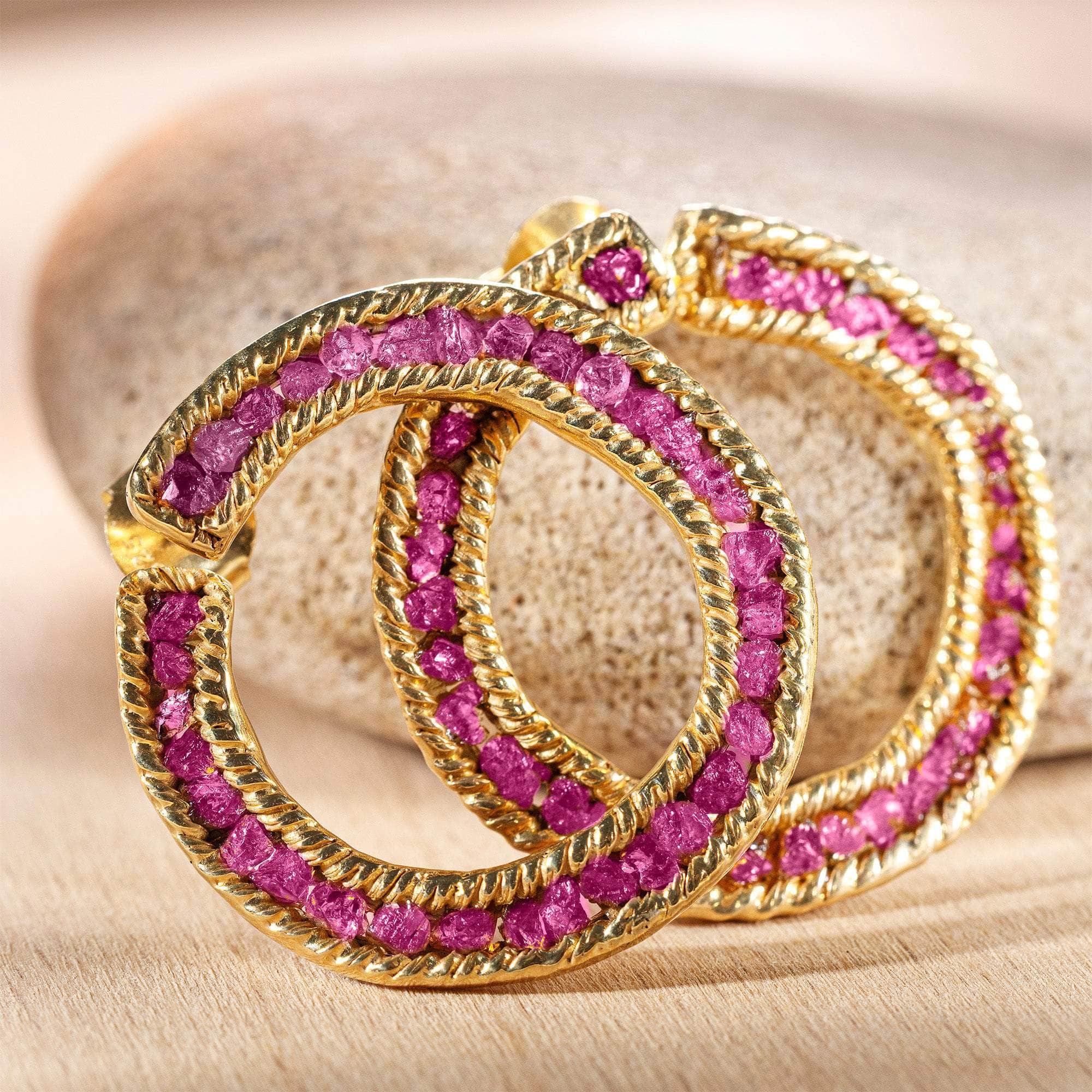 Petra Gold-Plated 925 Sterling Silver Earrings with Raw Ruby Pave Circles