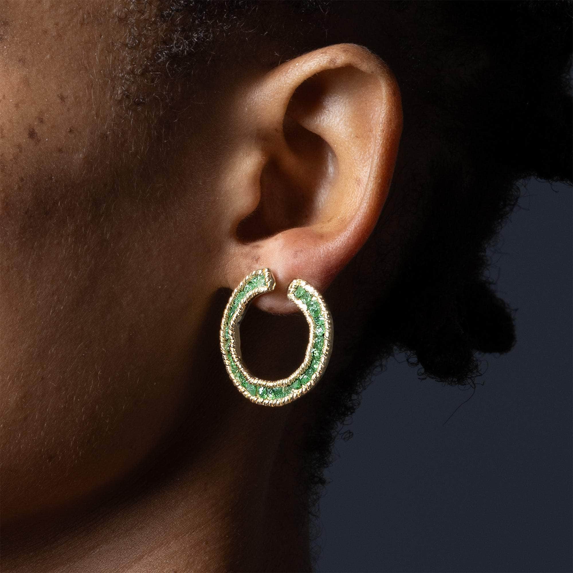 Petra Open Circle Earrings with Raw Tsavorite in Gold Plated 925 Silver