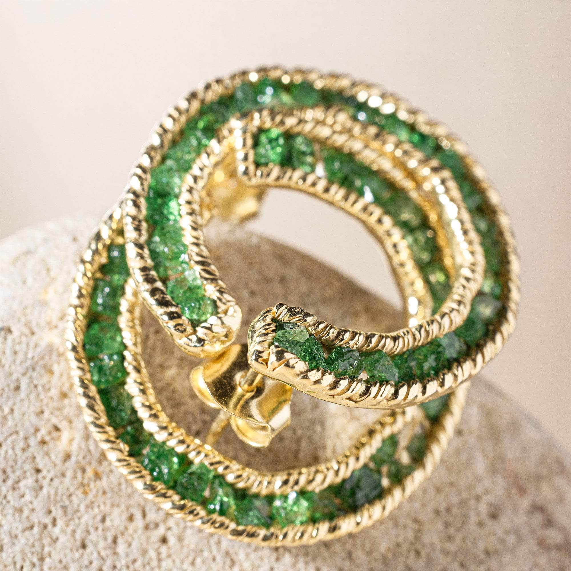 Petra Open Circle Earrings with Raw Tsavorite in Gold Plated 925 Silver