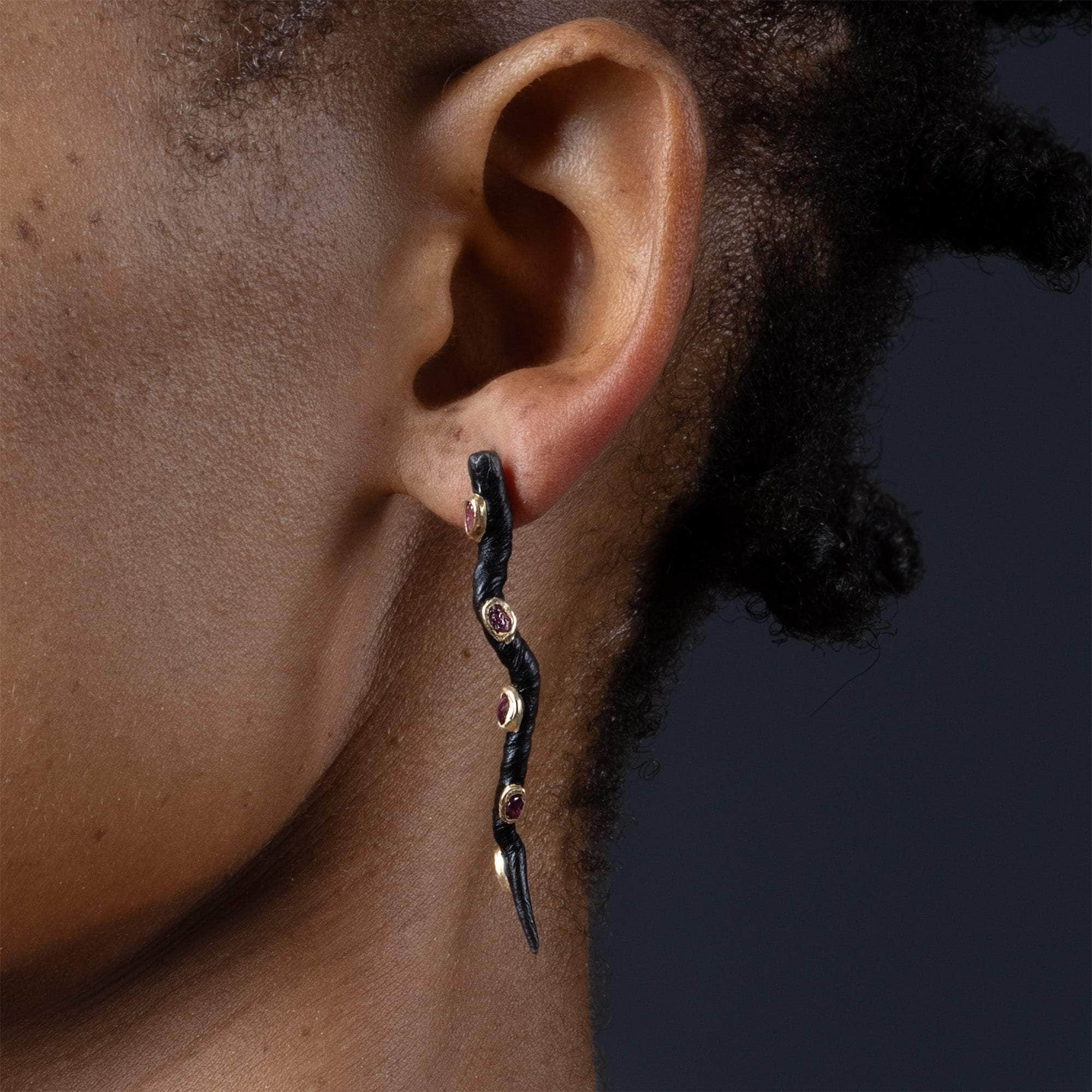 Nox Anthracite Plated 925 Silver Asymmetric Earrings with Natural Raw Ruby