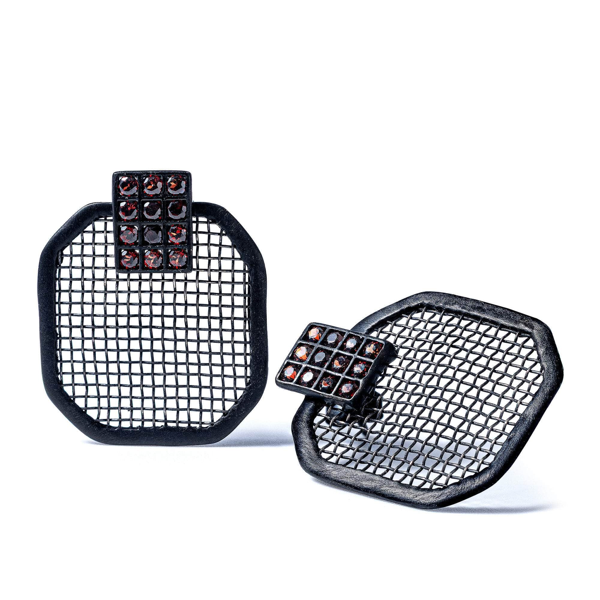 Amara Titanium Mesh and 925 Sterling Silver Earrings with Black Anthracite Plating and Rhodolite Garnet