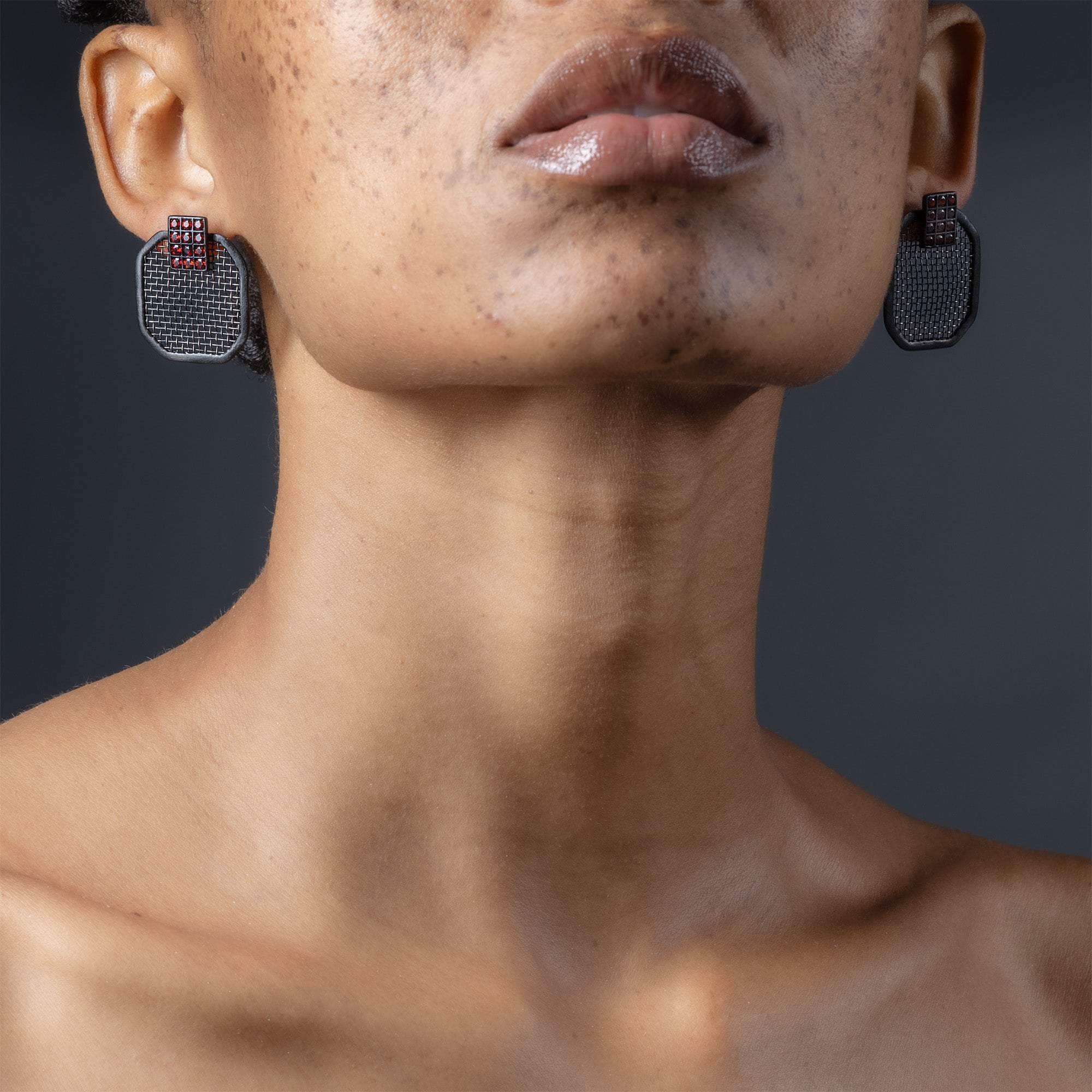 Amara Titanium Mesh and 925 Sterling Silver Earrings with Black Anthracite Plating and Rhodolite Garnet