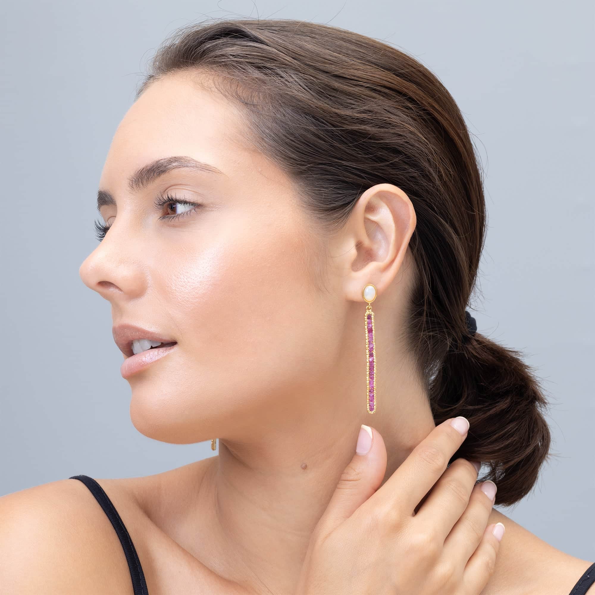 Calypso Statement Earrings with Natural Opal and Raw Pink Sapphire in Gold Plated Sterling Silver