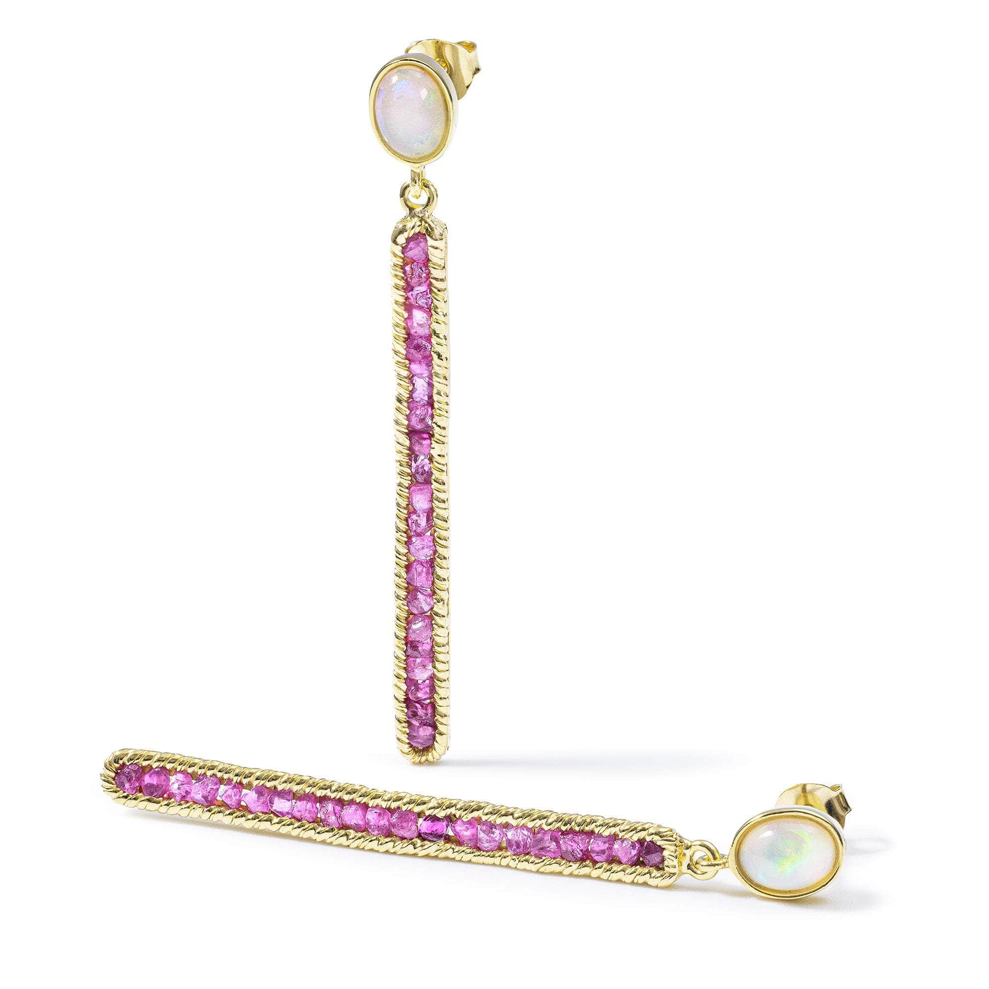 Calypso Statement Earrings with Natural Opal and Raw Ruby in Gold Plated Sterling Silver