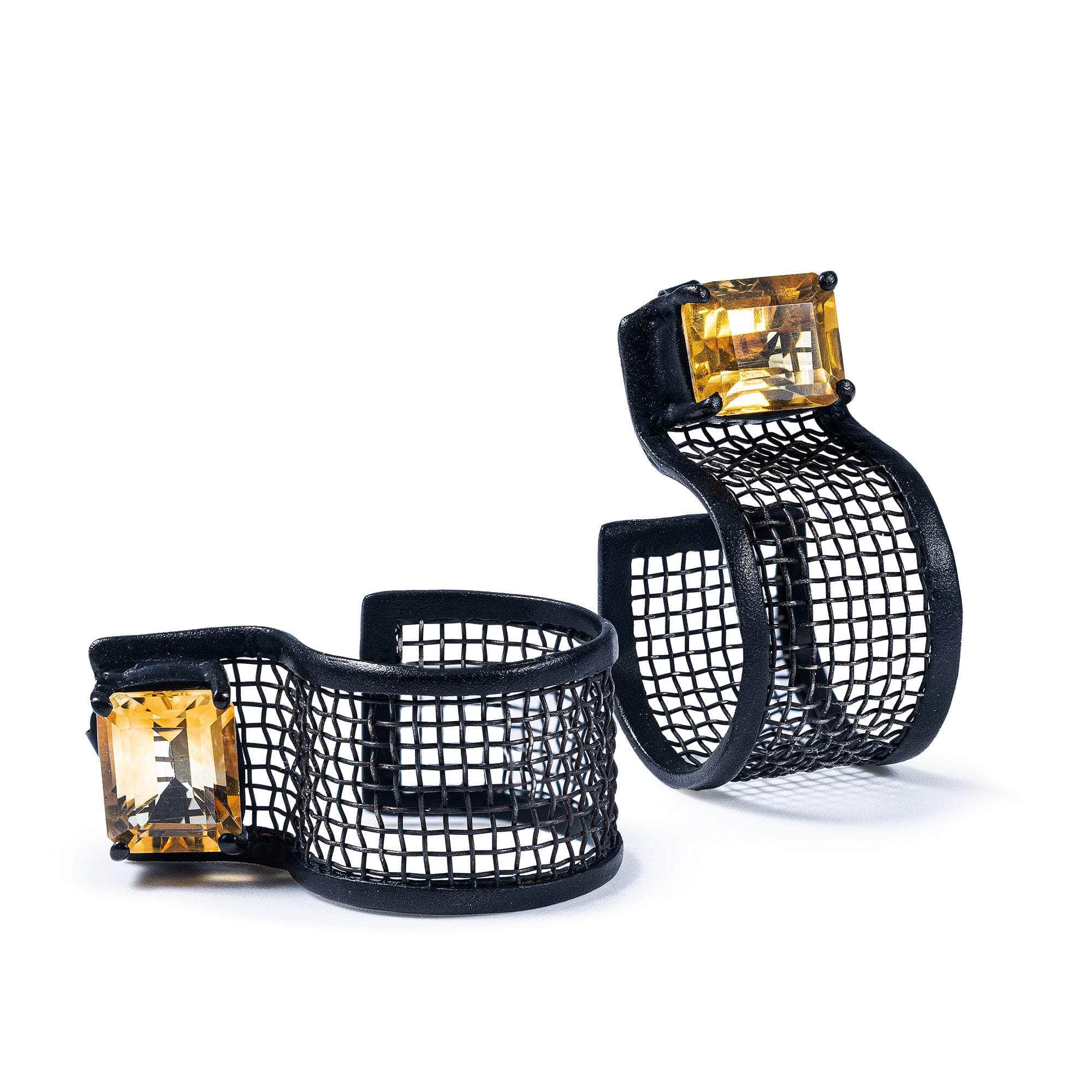 Tara Titanium Mesh and 925 Sterling Silver Earrings with Anthracite Plating and Citrines