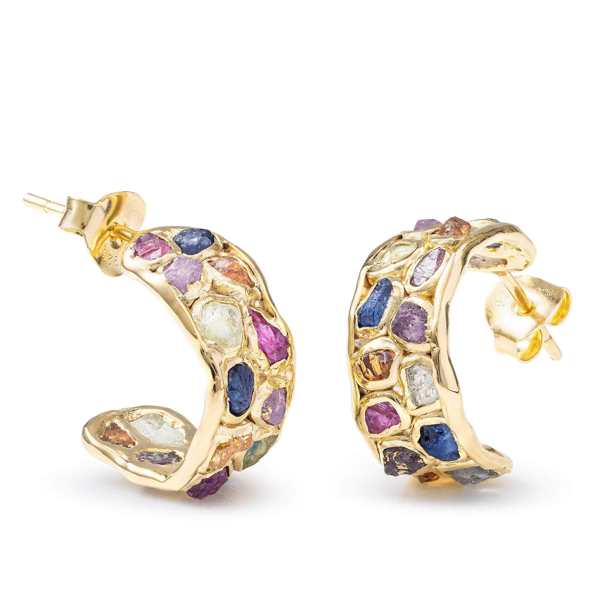 Thunder Handmade Silver Earrings with Natural Raw Sapphire, Ruby, Tsavorite & Chrysoberyl