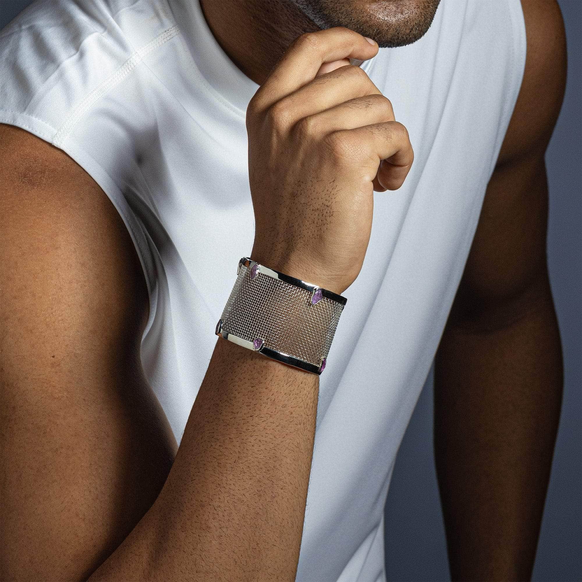 Lumen 925 Silver and Titanium Mesh Bracelet with Raw Pink Sapphires