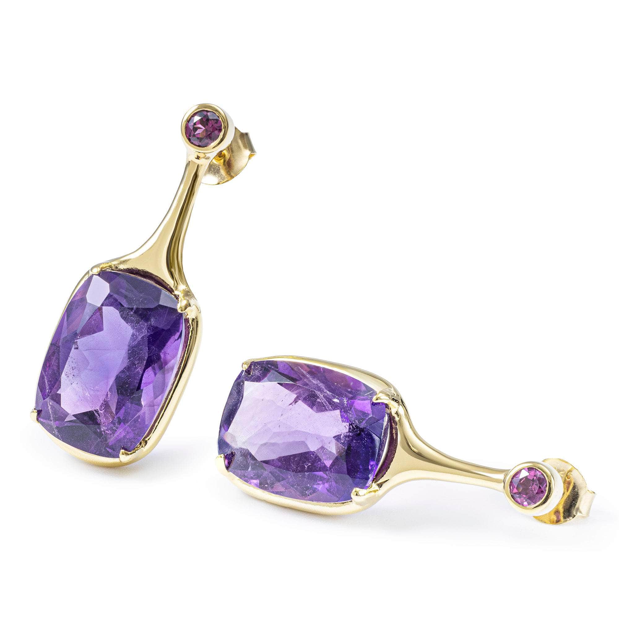 Sitra Designer Earrings with Amethyst and Rhodolite Garnet in 14K Gold Plated Silver
