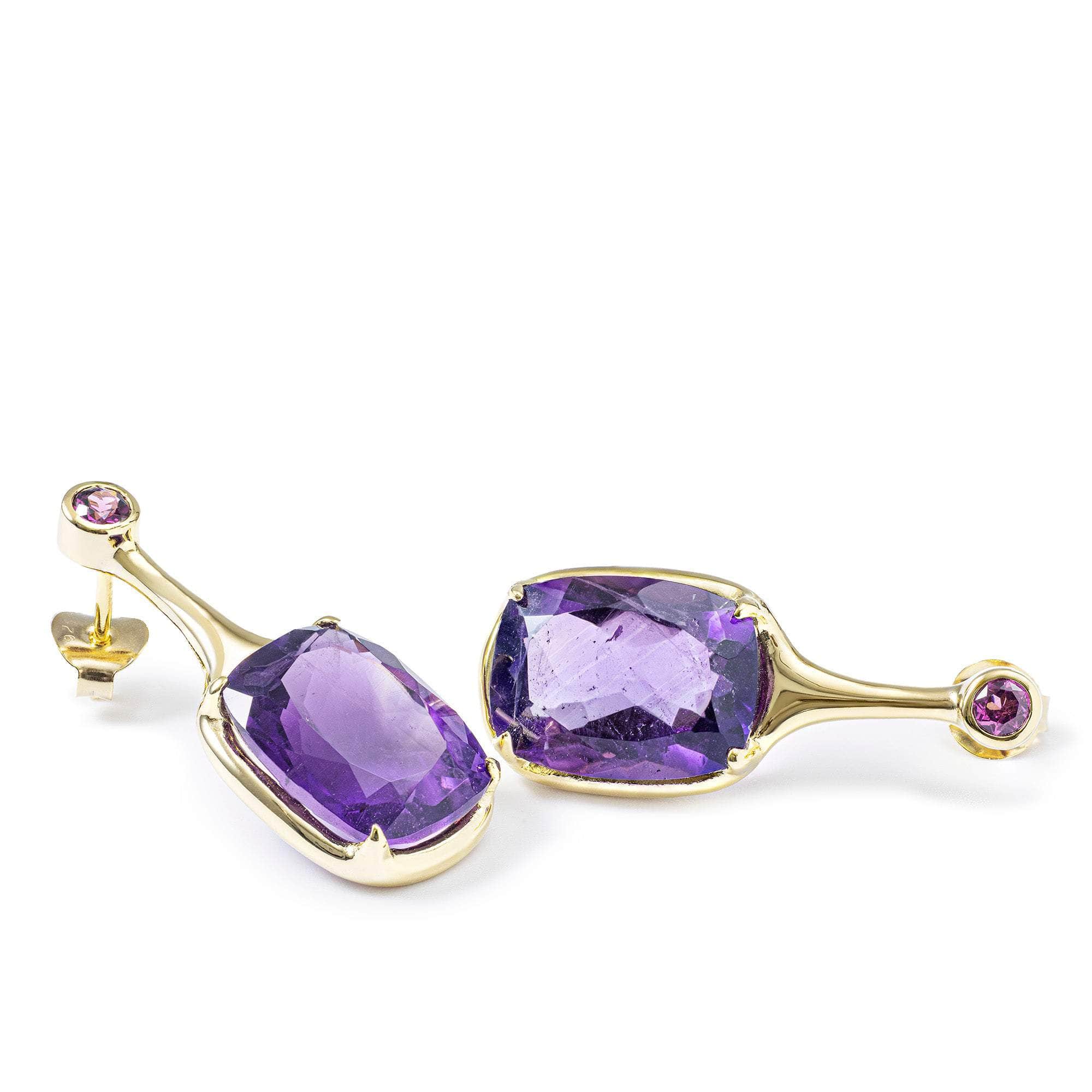 Sitra Designer Earrings with Amethyst and Rhodolite Garnet in 14K Gold Plated Silver