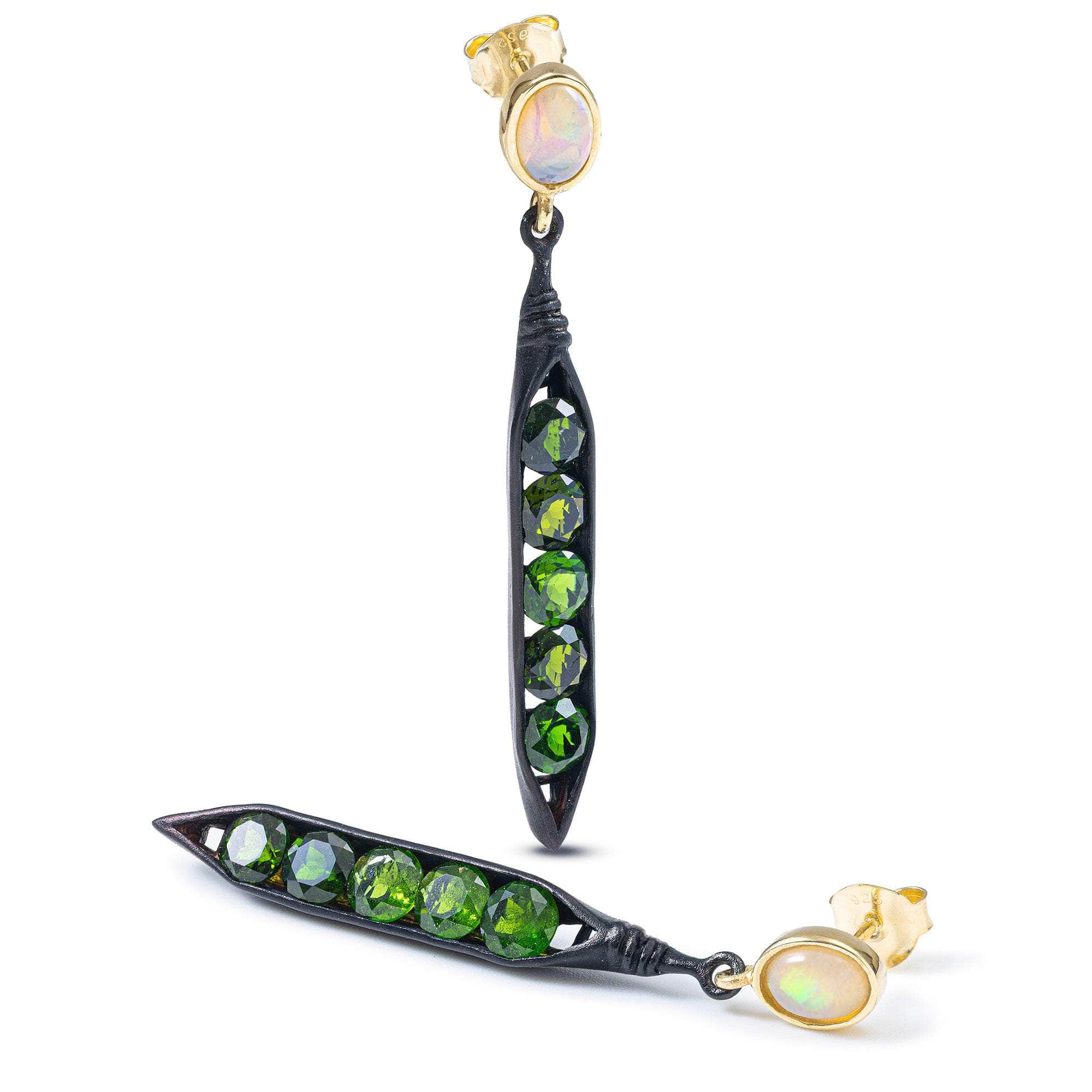 Elandra Sterling Silver Earrings with Opal and Chrome Diopside in Mixed Metal Finish for Organic Style
