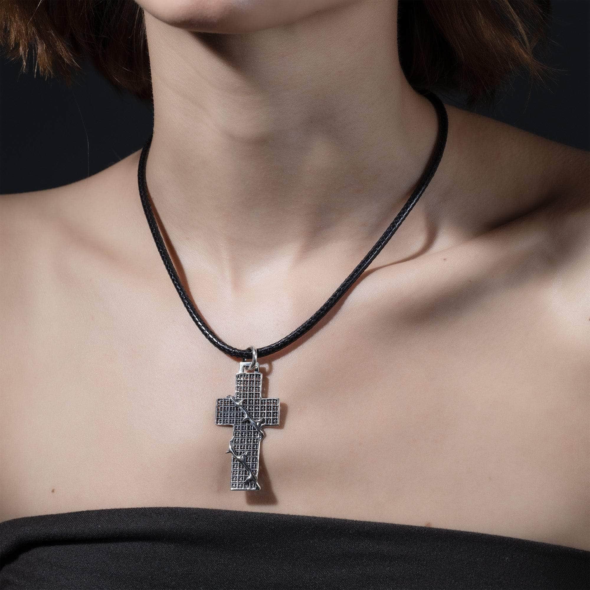 Haven Oxidized Silver Cross Pendant with Thorned Vines & Grid Texture
