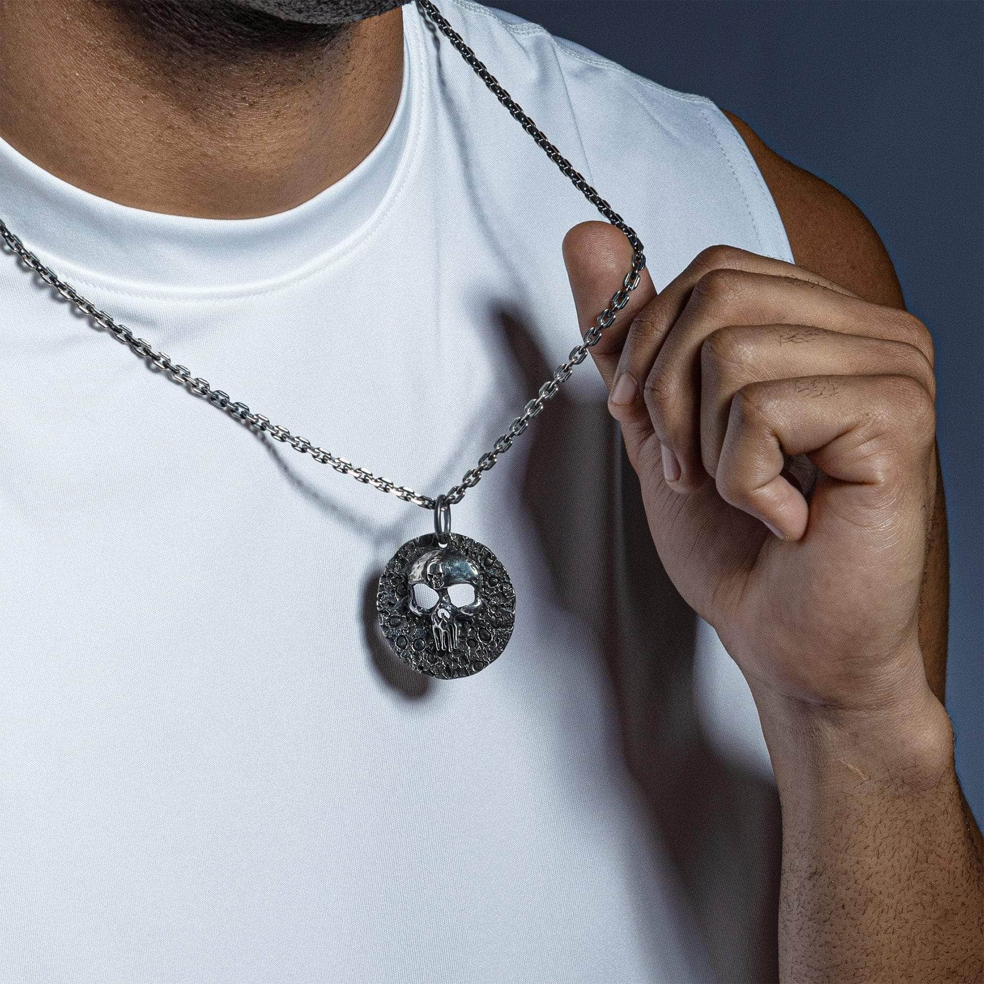 Morbidus Gritty Sterling Silver Round Pendant with Skull Emblem