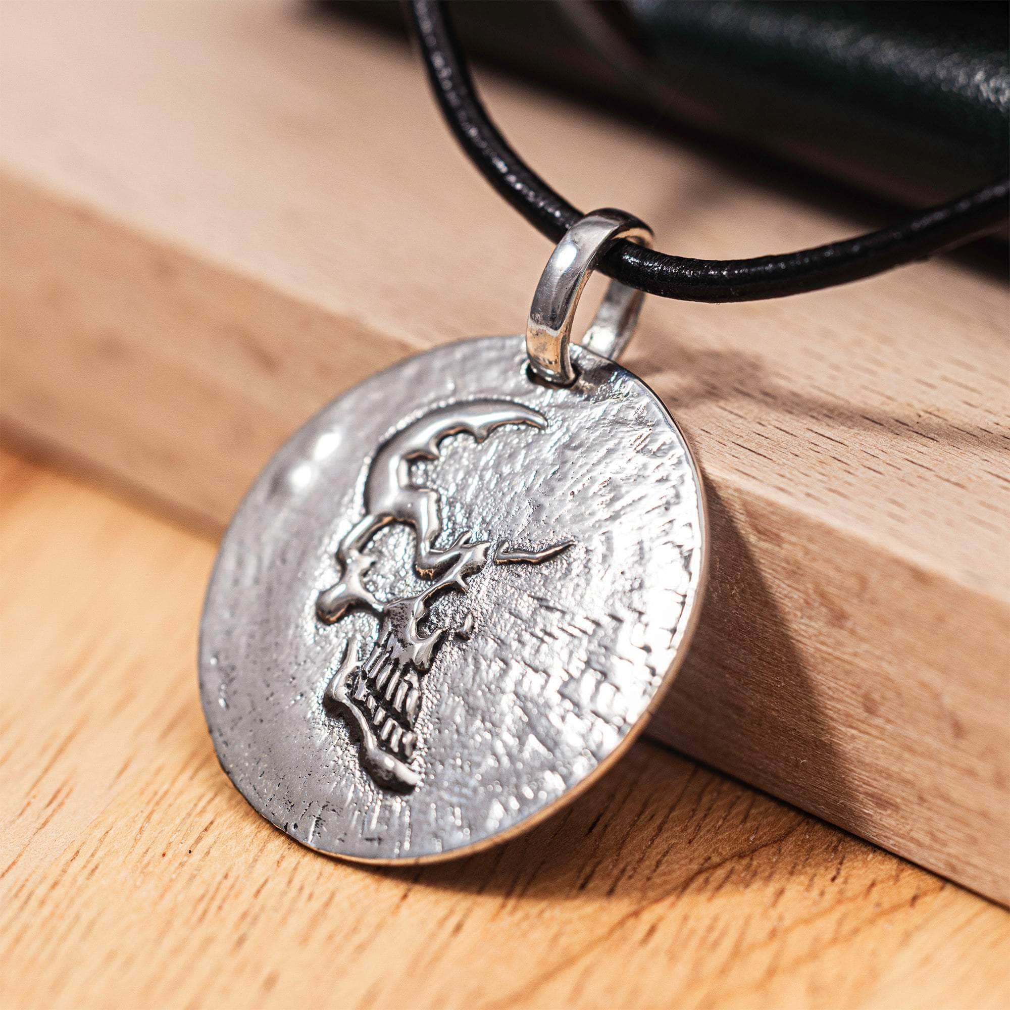 Dhara Oxidized 925 Sterling Silver Round Pendant with Half-Skull Relief
