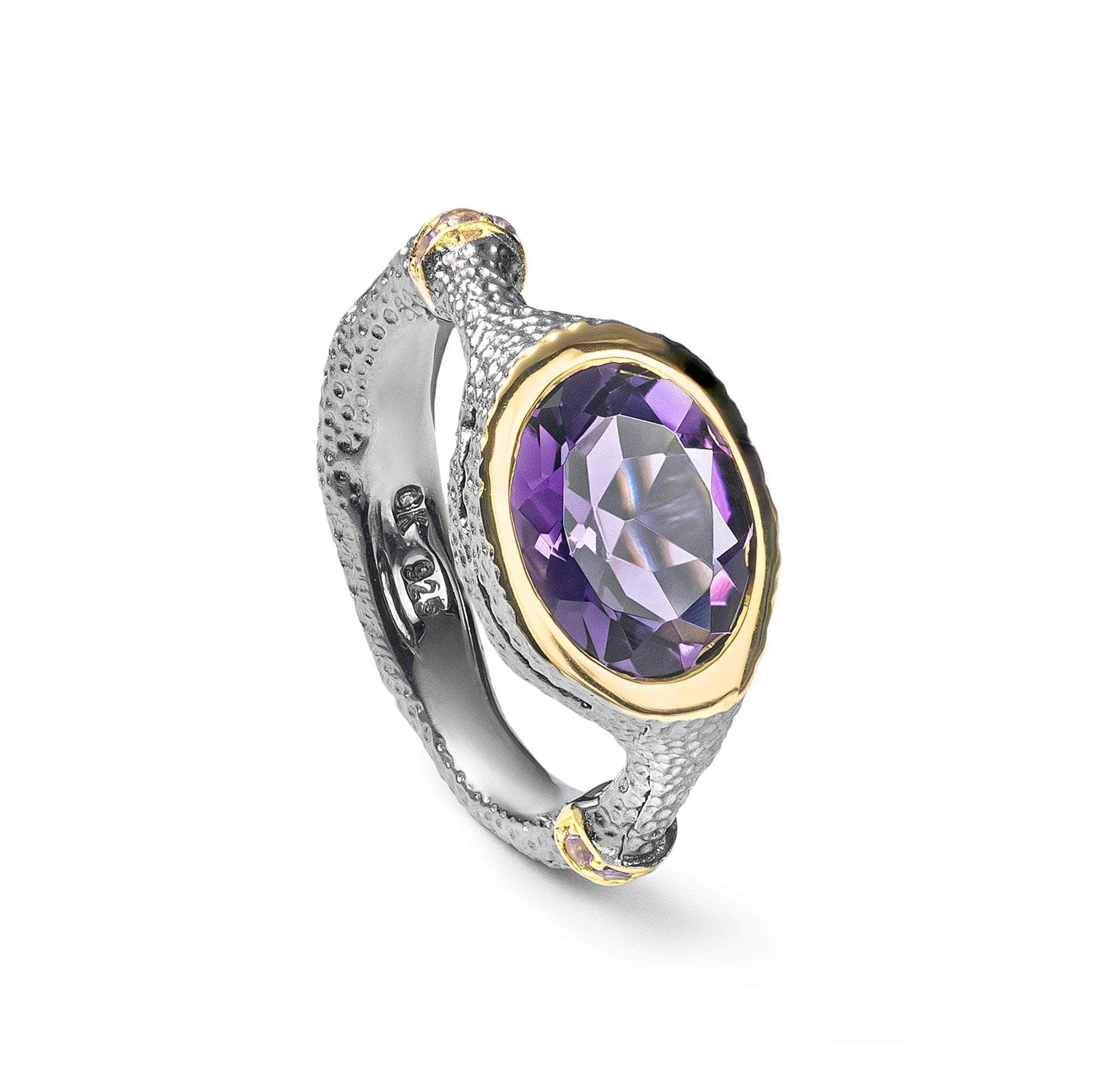 Gestin Iconic Amethyst Silver Ring in White Rhodium and 18K Gold
