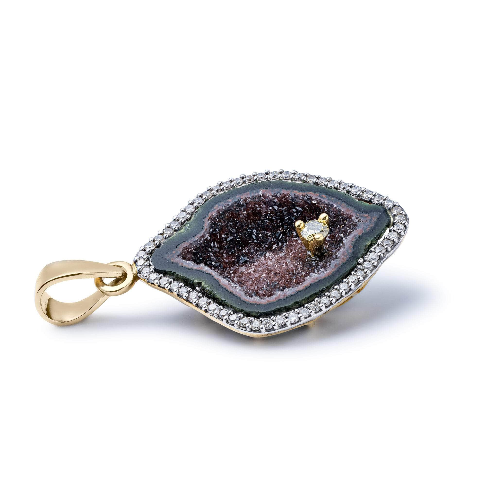 Lustre Agate Geode Pendant with Сentral Diamond and Diamond Halo in 14K Gold