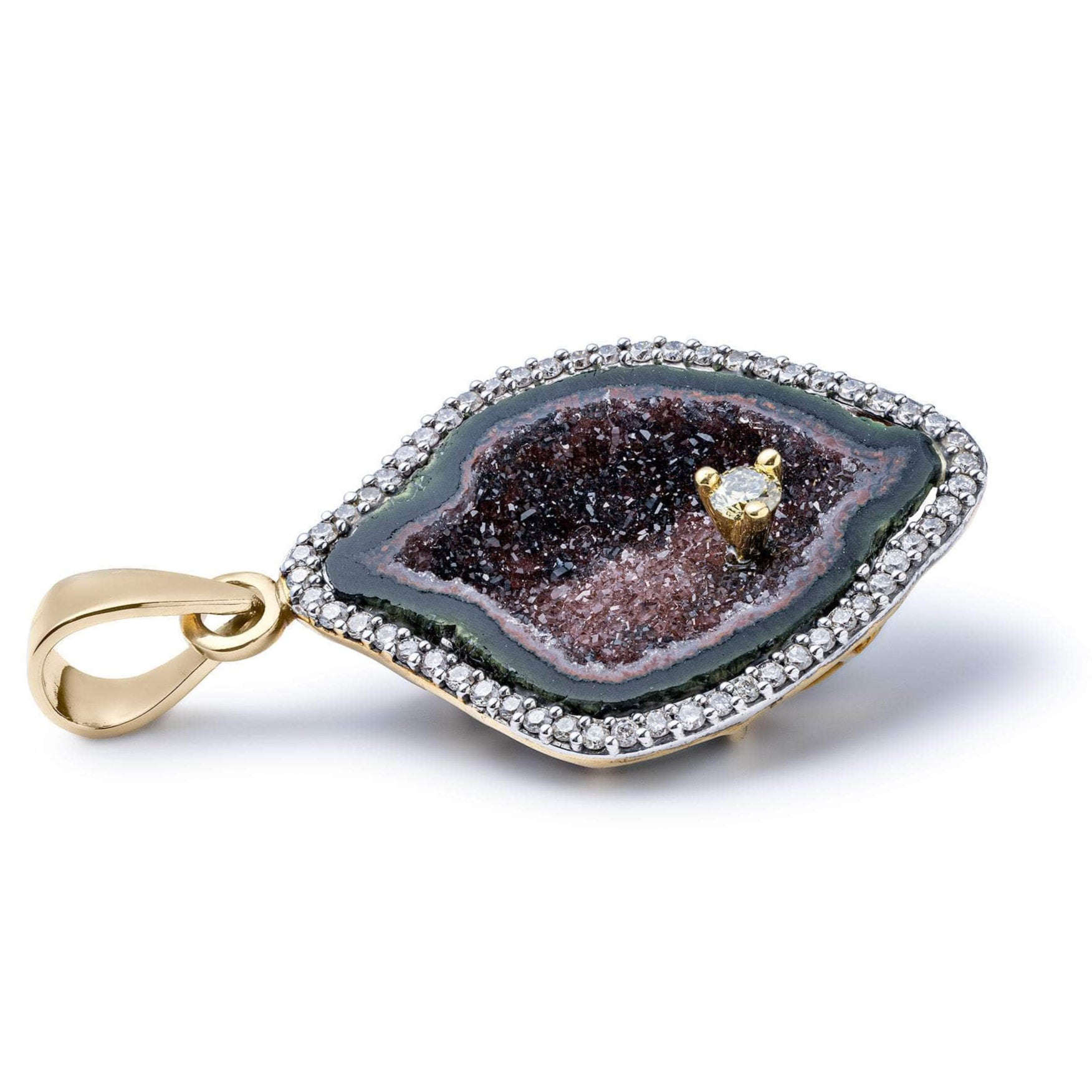 Lustre Agate Geode Pendant with Сentral Diamond and Diamond Halo in 14K Gold