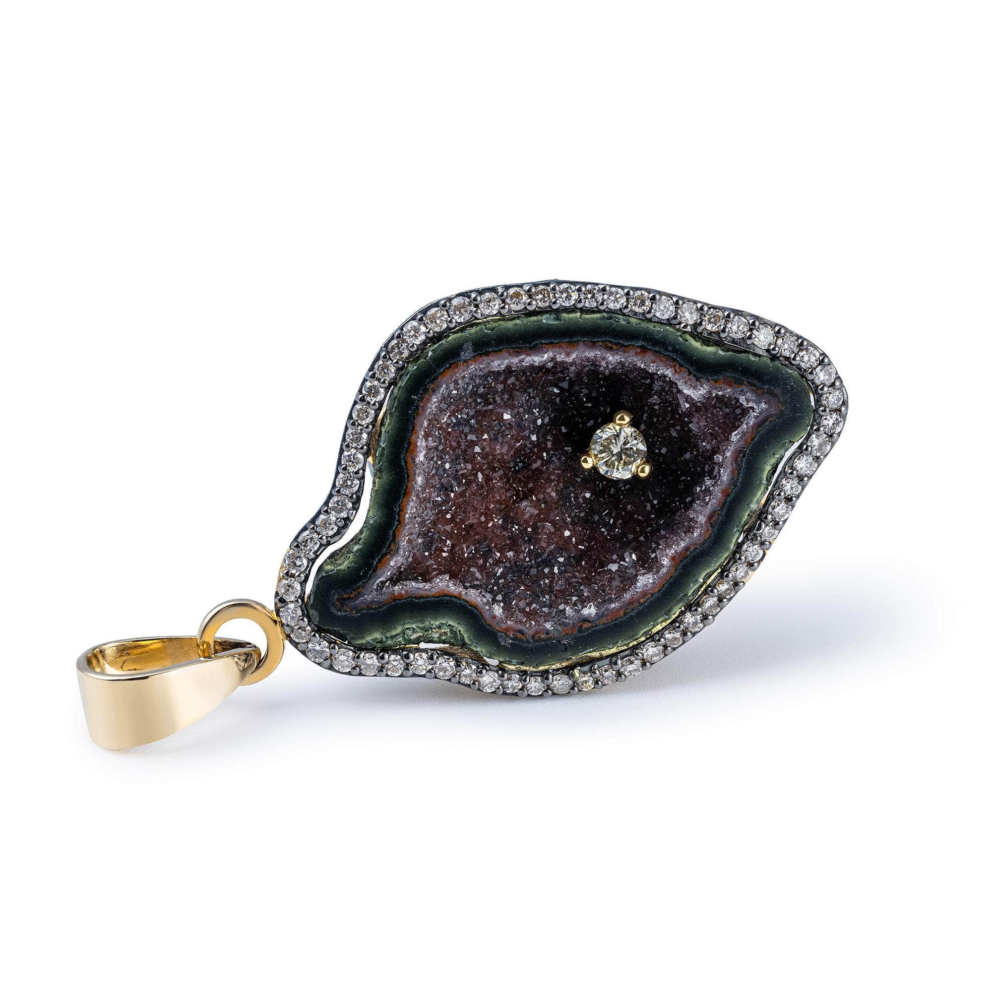 Aurion Agate Geode Pendant with Central Diamond and Diamond Halo in 14K Gold