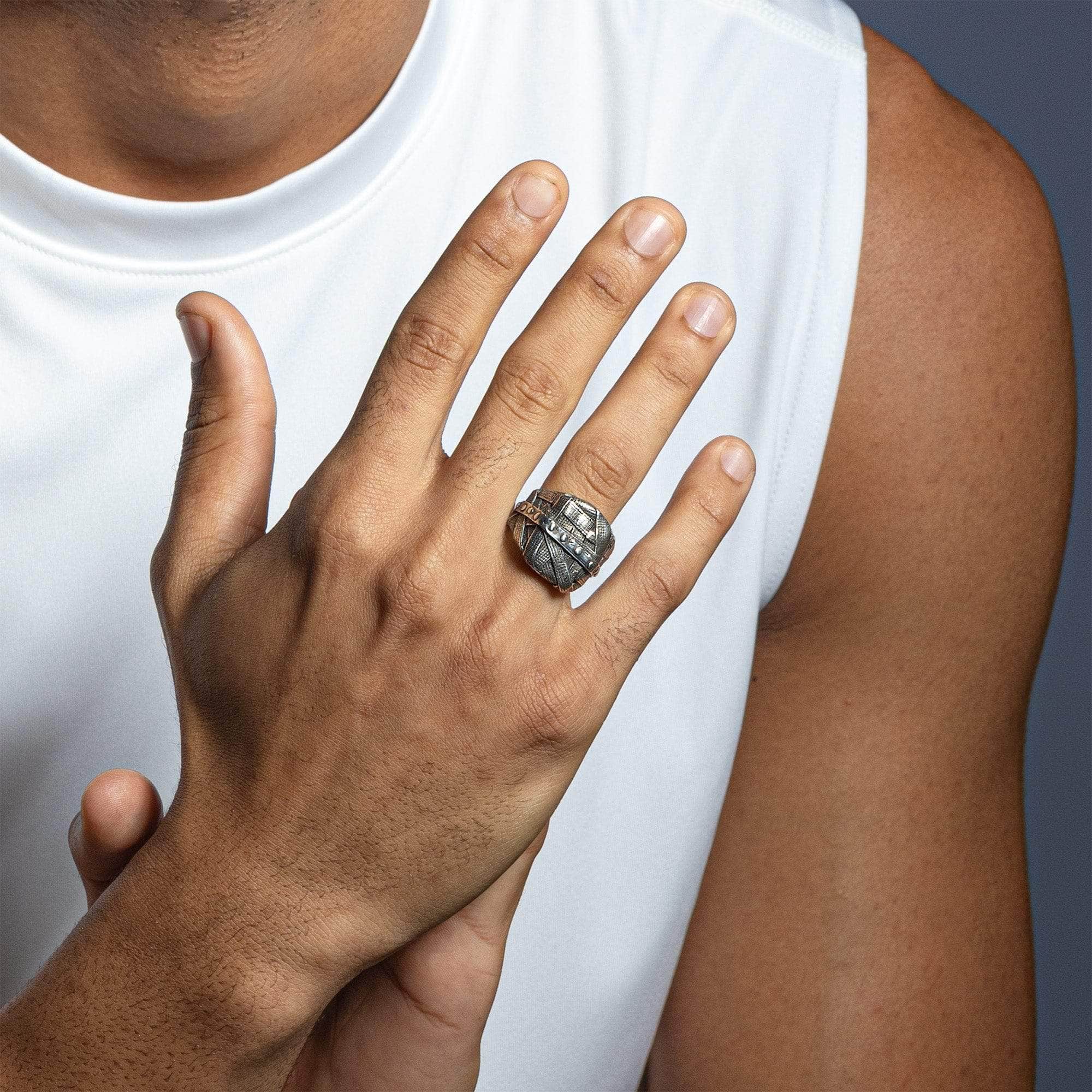 Gridlock Oxidized Silver Ring with Layered Wrapped Metal Look