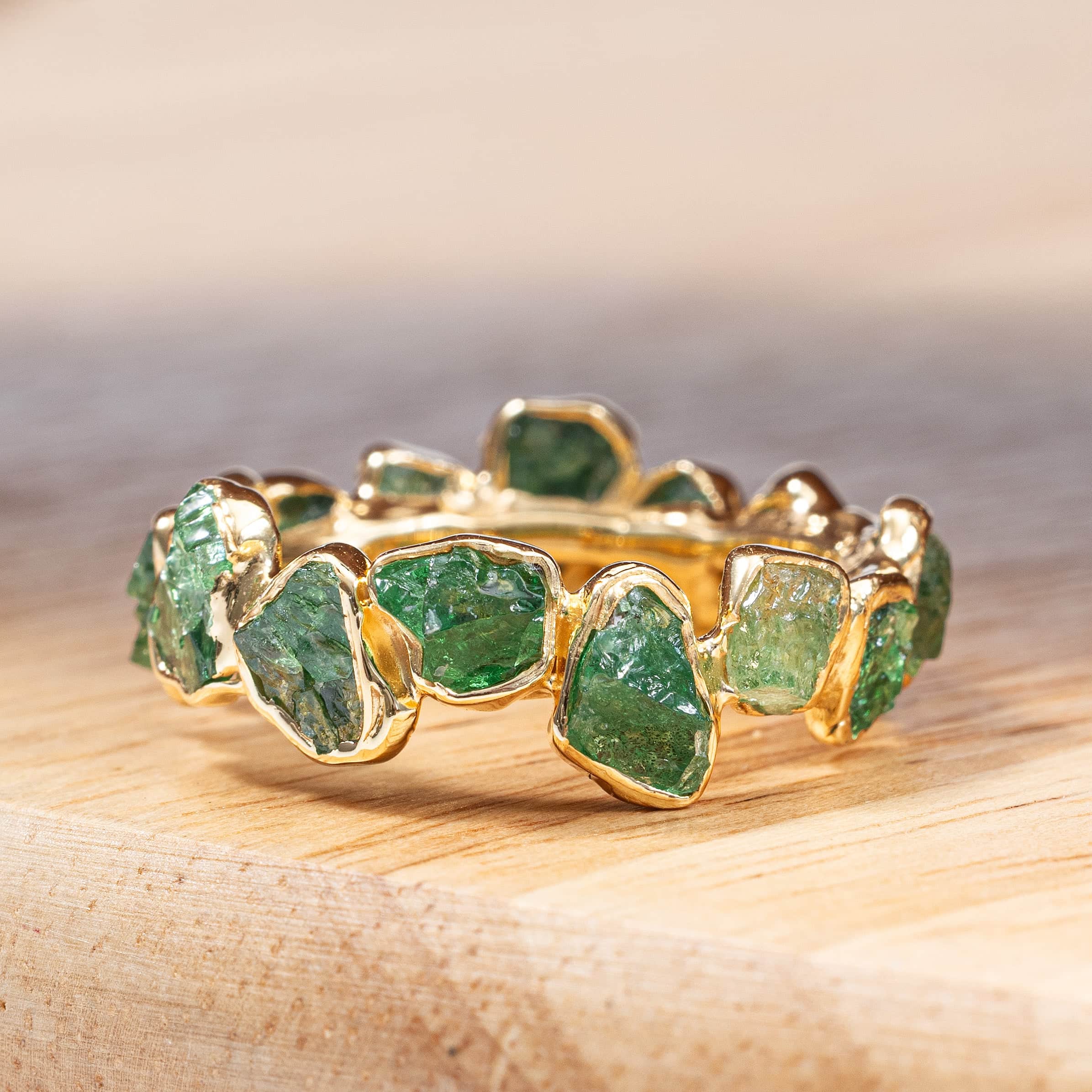 Harita Minimalist Stackable Ring with Raw Green Tsavorite in Sterling Silver with 14K Gold Plating