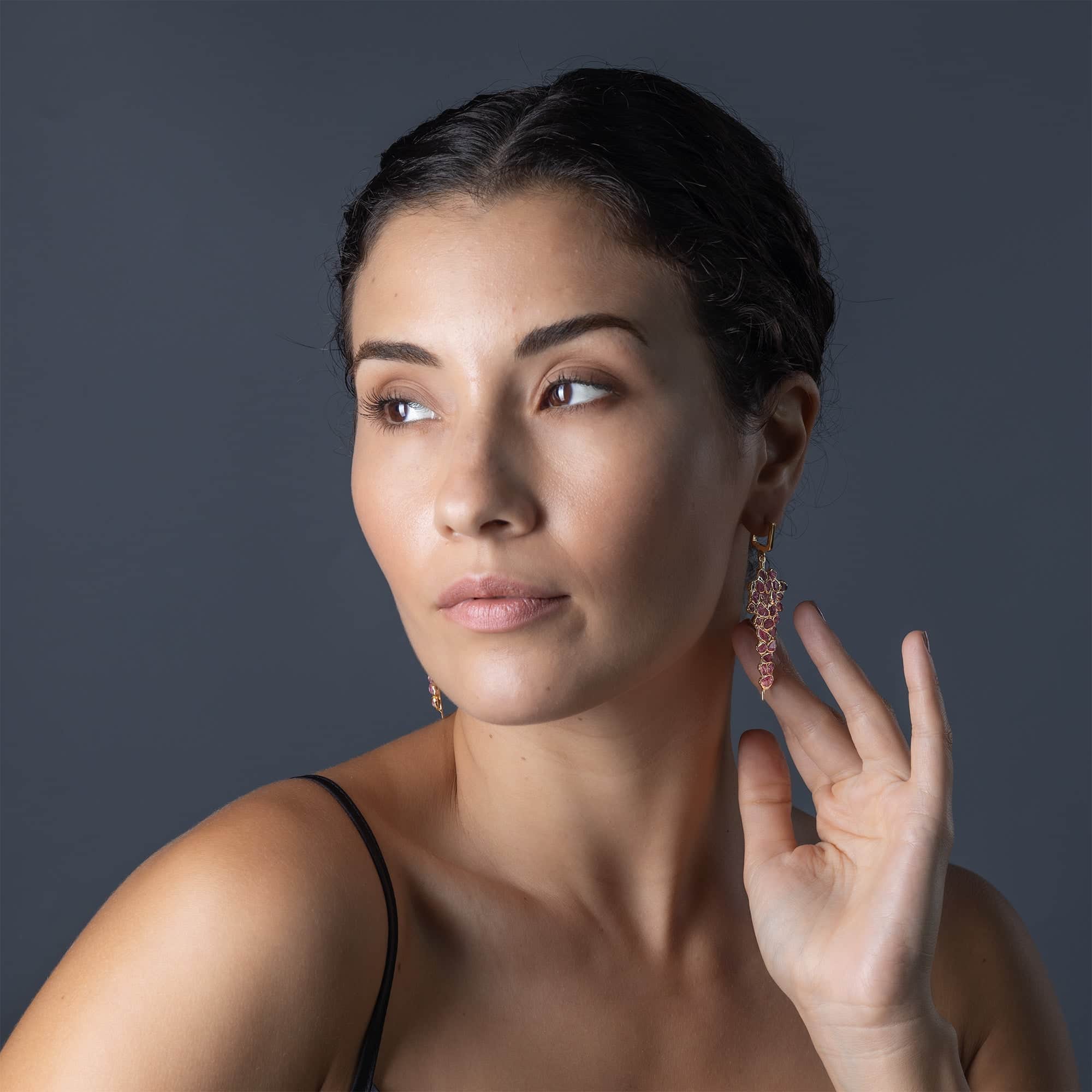 Tarina Handcrafted Earrings with Raw Pink Spinel in 14K Gold Plated Sterling Silver