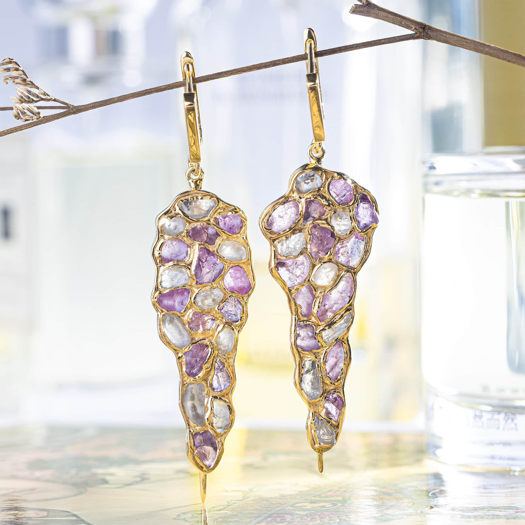 Tarina Earrings with Raw White Zircon & Pink Sapphire in 14K Gold Plated Sterling Silver