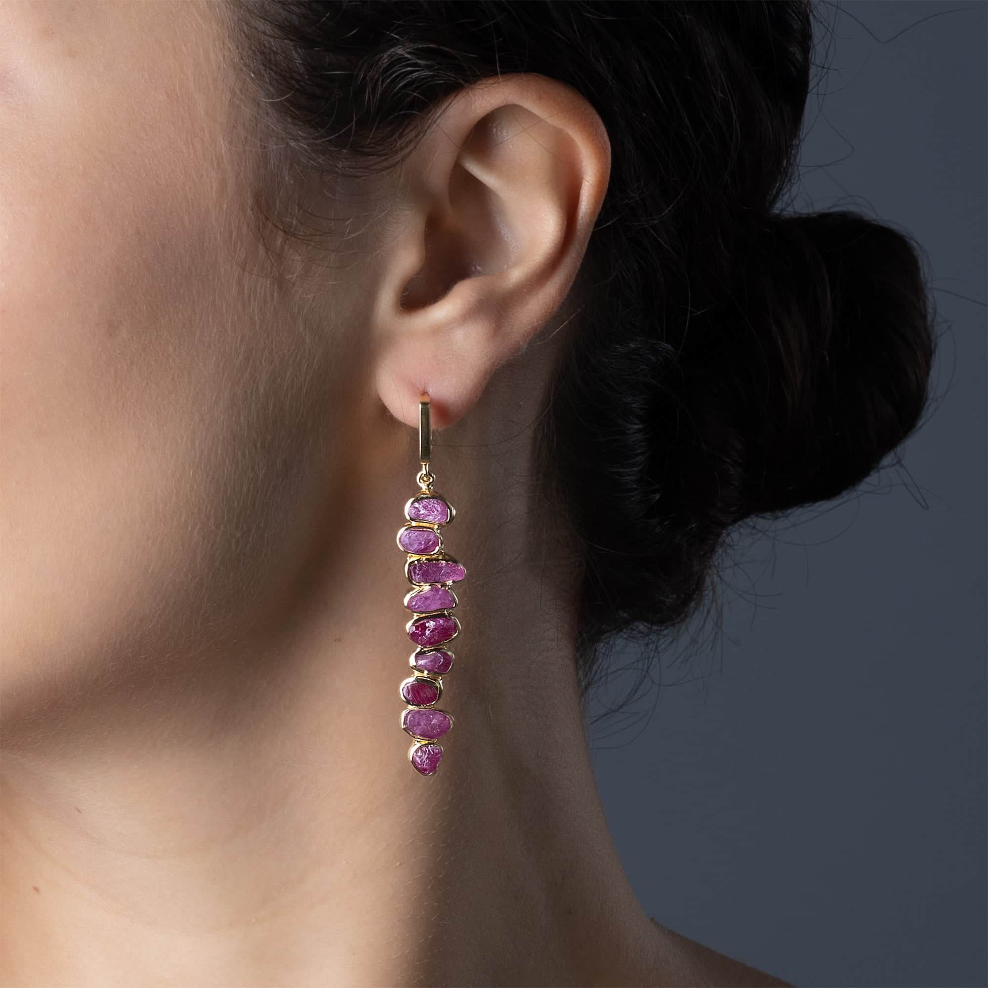 Thera Handcrafted Dangle Earrings with Raw Ruby in 14K Gold Plated Sterling Silver
