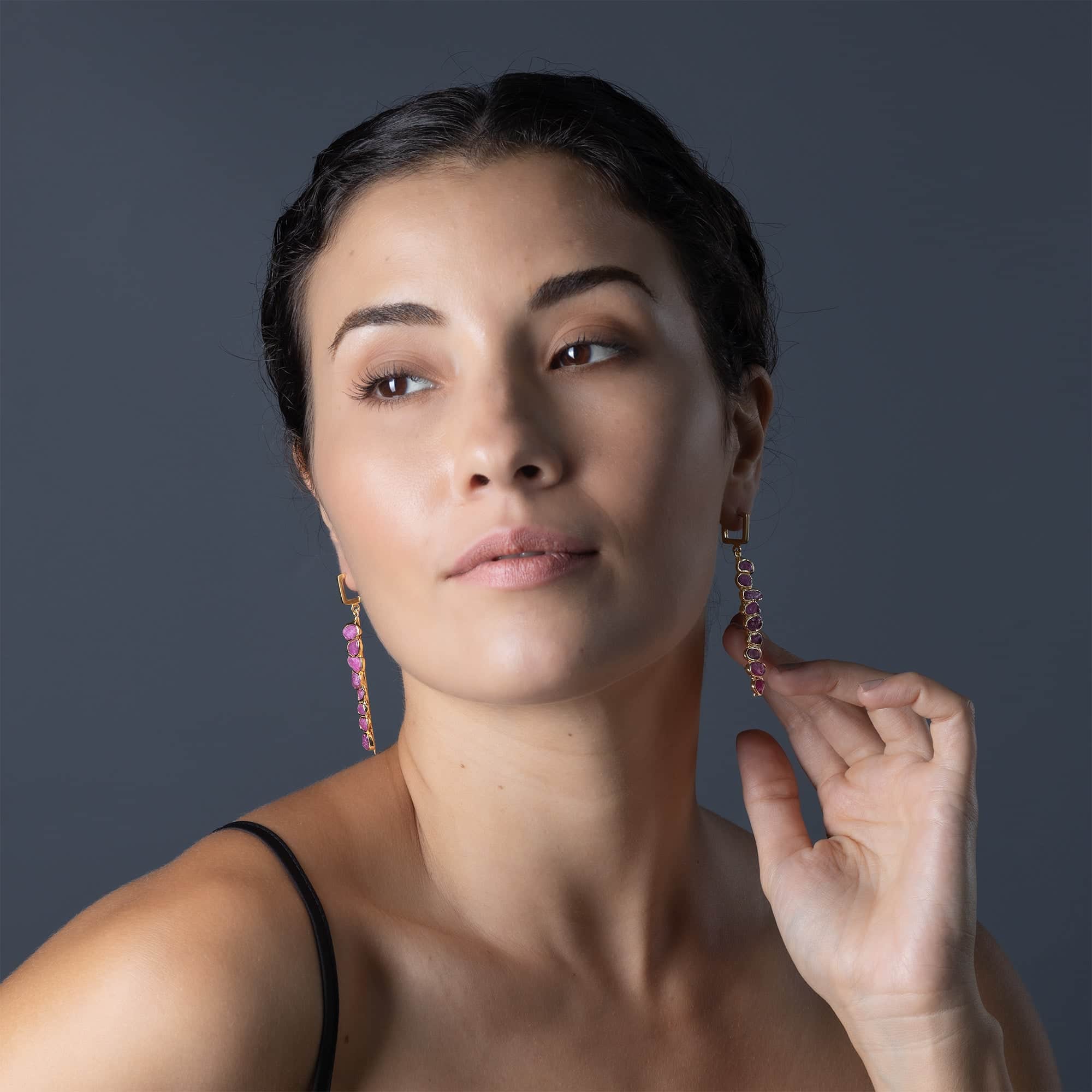 Thera Handcrafted Dangle Earrings with Raw Ruby in 14K Gold Plated Sterling Silver
