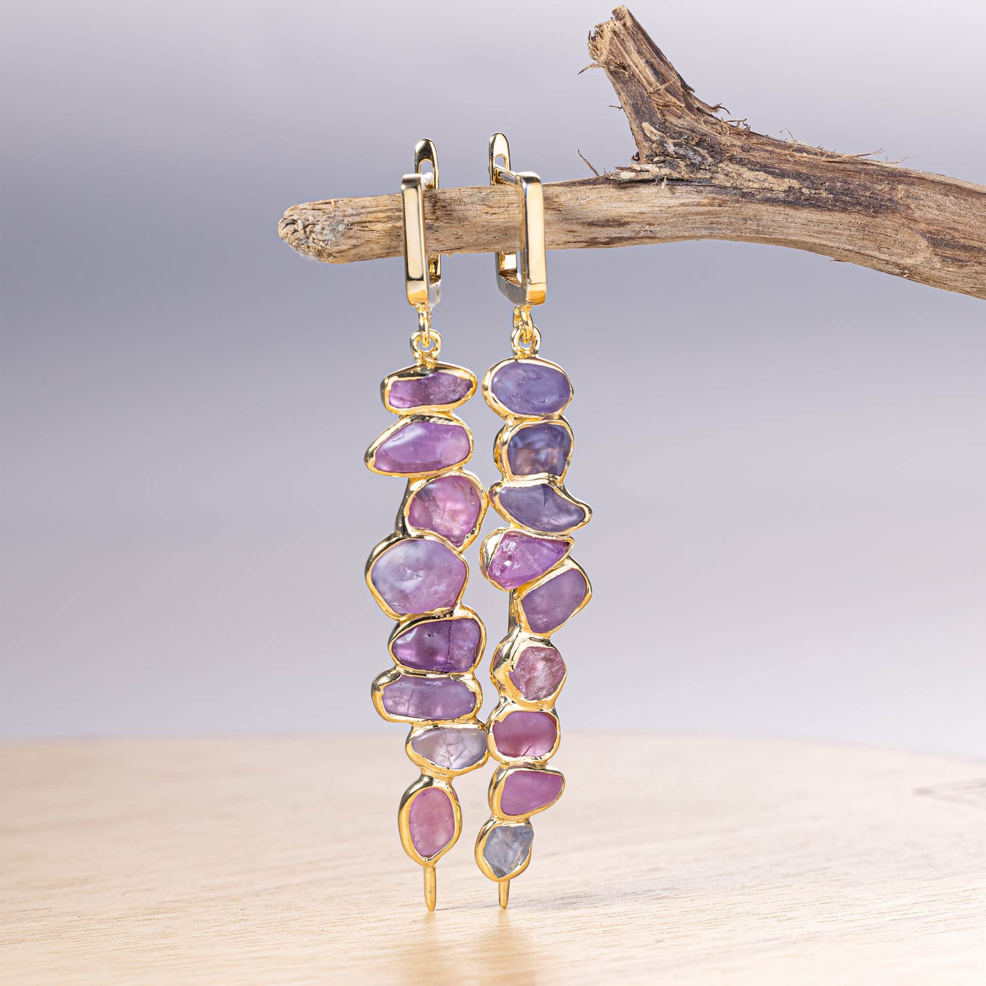 Thera Handcrafted Dangle Earrings with Raw Pink Sapphire in 14K Gold Plated Sterling Silver