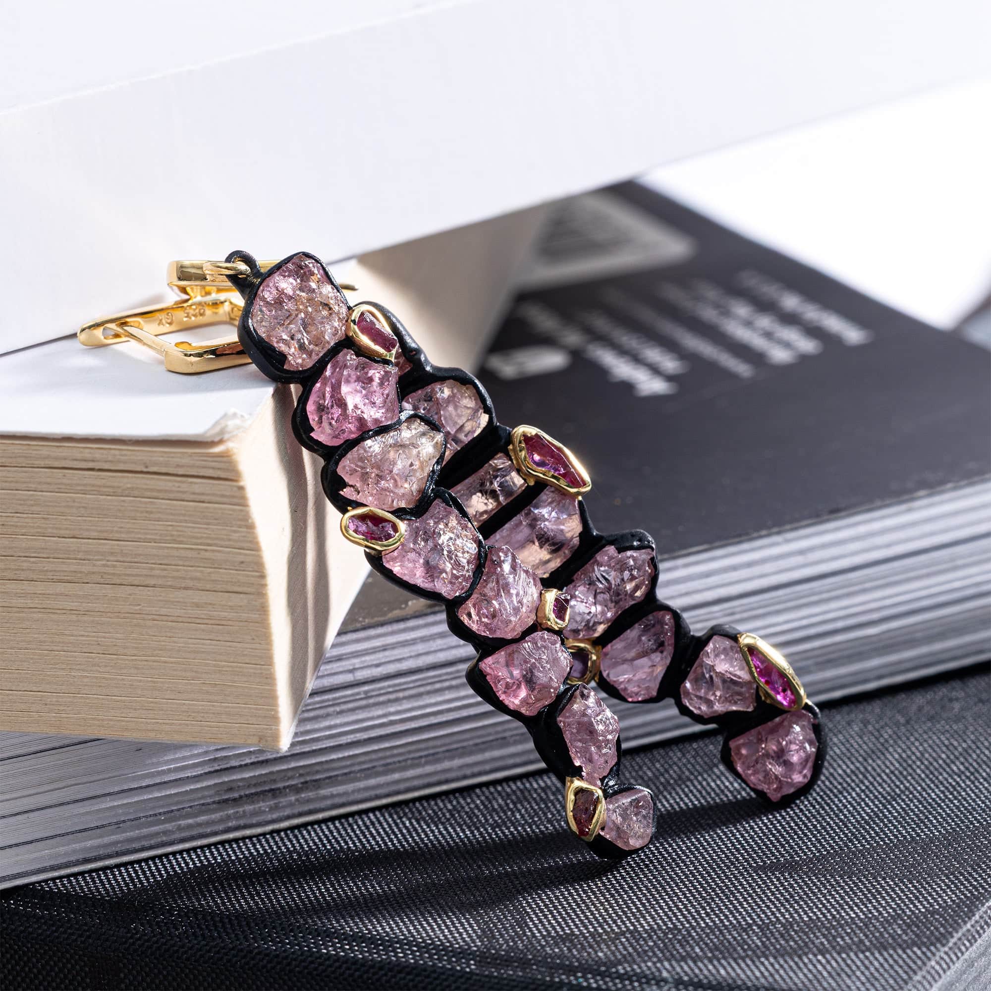 Danae Handcrafted Dagle Earrings with Raw Pink Sapphire & Ruby in Gold & Anthracite Plated Silver