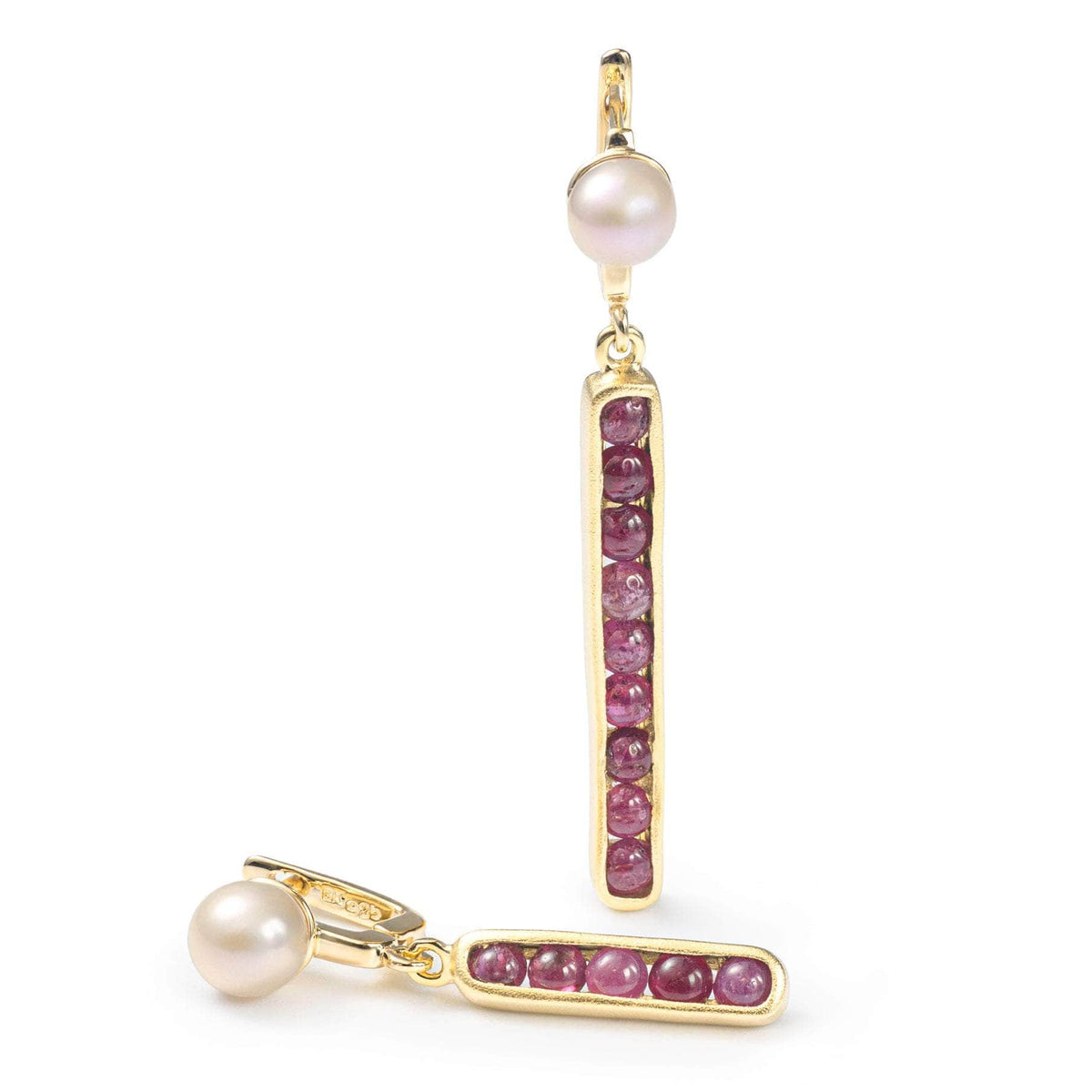 Puro Asymmetric Gold-Plated Sliver Earrings w Pearl & Ruby by Kabirski